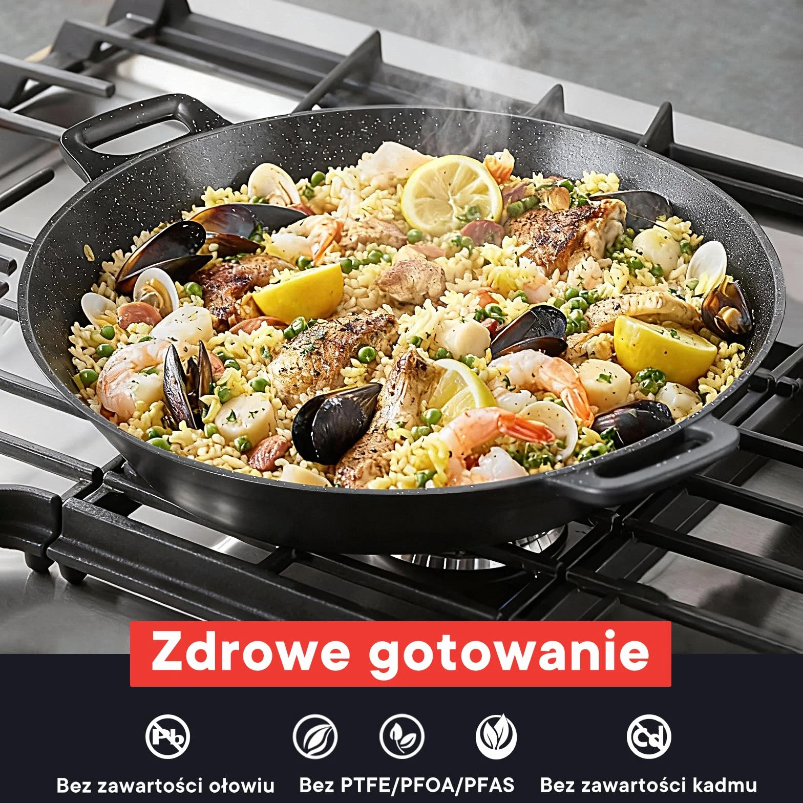 GiPP Patelnia do Paelli z Powłoką Nieprzywierającą, 36 cm, na 6–8 Porcji, Kompatybilna z Kuchenkami Indukcyjnymi, Gazowymi, Elektrycznymi i Ceramicznymi
