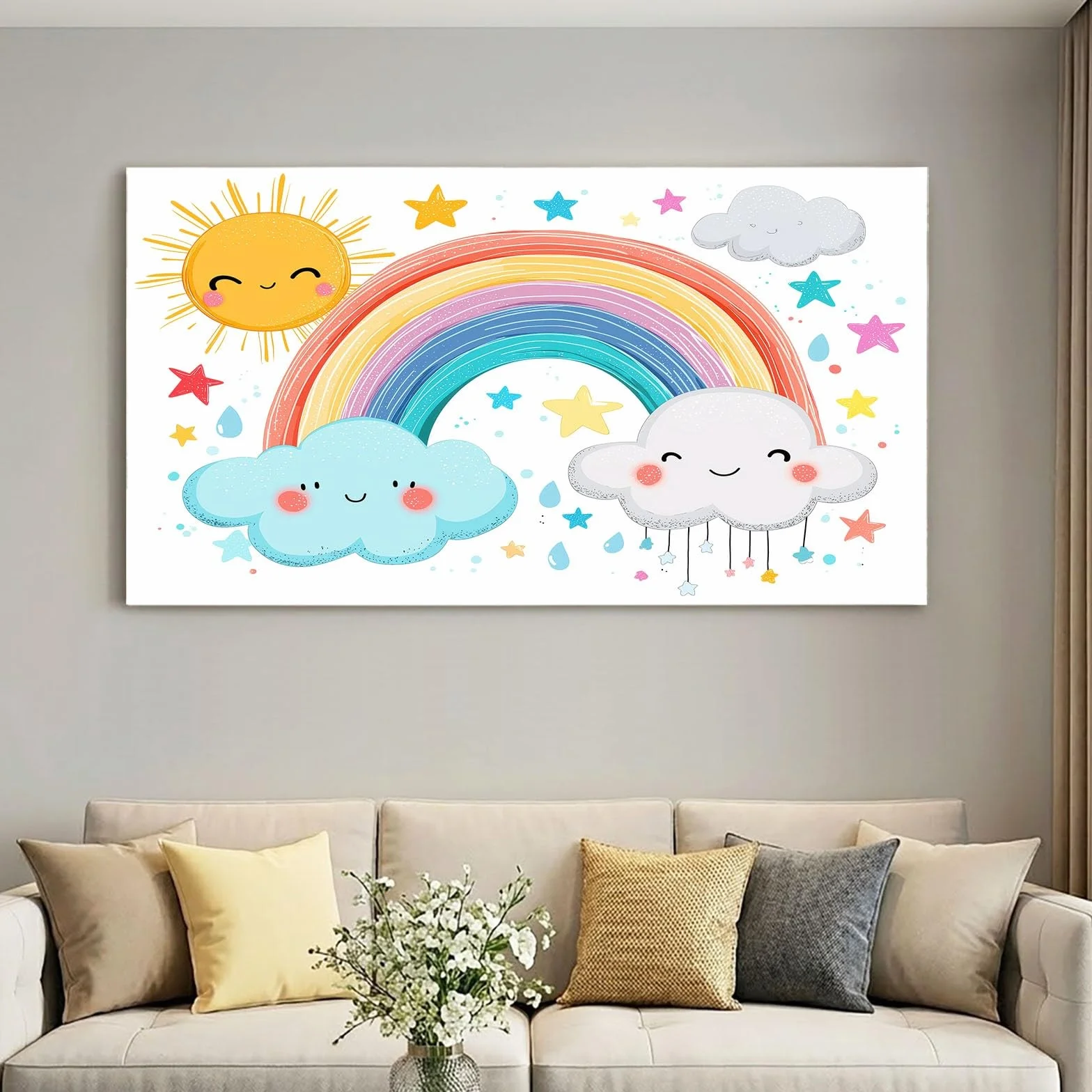 Obrazy na płótnie, kreskówka, 90 x 60 cm, dla dzieci, obrazy ścienne, druk artystyczny, biały, tęcza, słońce, chmury, gwiazdy, panoramiczna dekoracja ścienna do salonu, sypialni