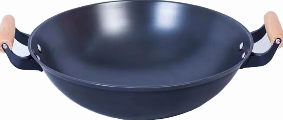 Wok żeliwny, tradycyjna ręcznie młotkowana patelnia z podwójnymi drewnianymi uchwytami, nieprzywierająca, uniwersalna niezbędna do gotowania, 40 cm