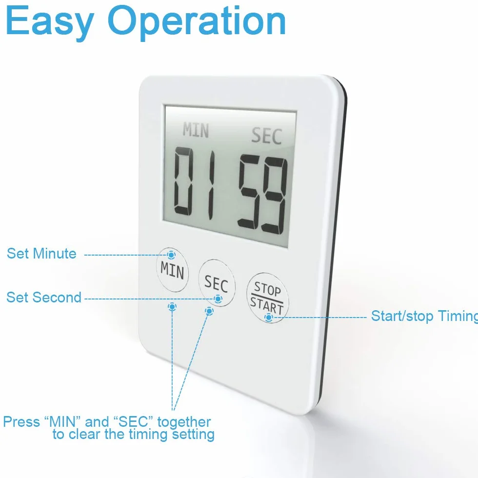 Attom Tech Ultra cienki minutnik kuchenny, cienki, mały, cyfrowy mini timer do gotowania z alarmem i magnesem, tył, do gotowania, pieczenia, sportu, drzemki, gier, biura, biały (2)