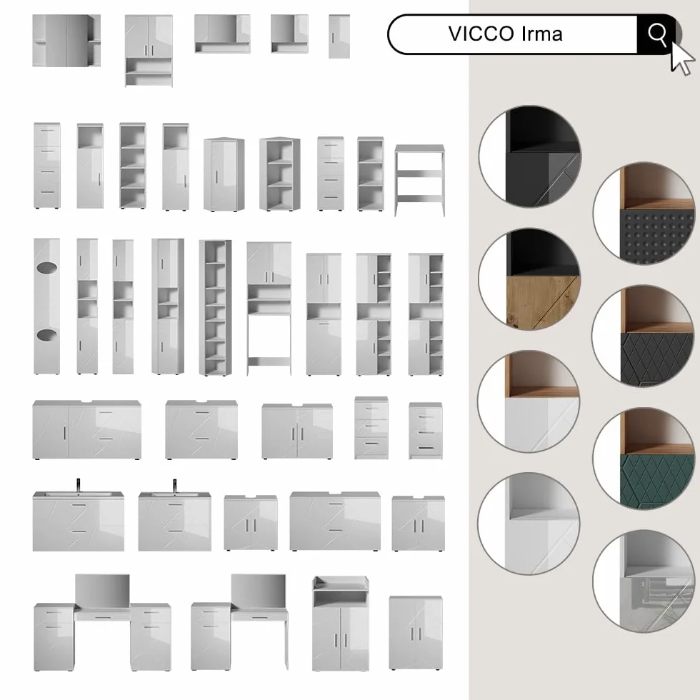 Vicco Szafka Midi "Irma", Biały wysoki połysk, 60 x 81 cm | pour le rangement dans la salle de bain et compatible avec la série Irma