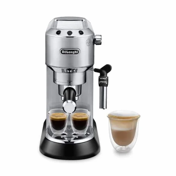 De'Longhi Dedica ECKG6821.M, elektryczny młynek do kawy, ze spieniaczem do mleka, tradycyjna pompa do ekspresu Barista, ekspres do kawy i cappuccino, 18 ustawień stopnia mielenia, metal