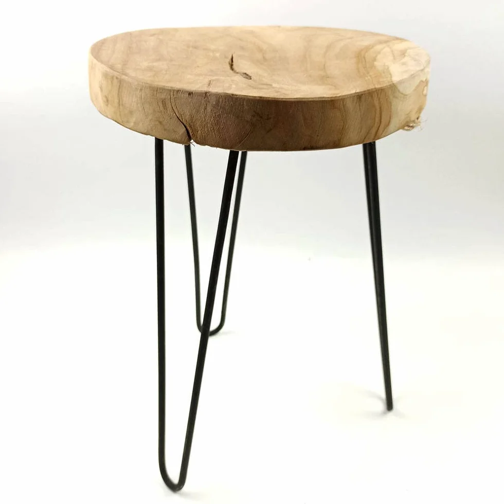 Taboret drewno tekowe stalowy 30 x 30 x 42 cm
