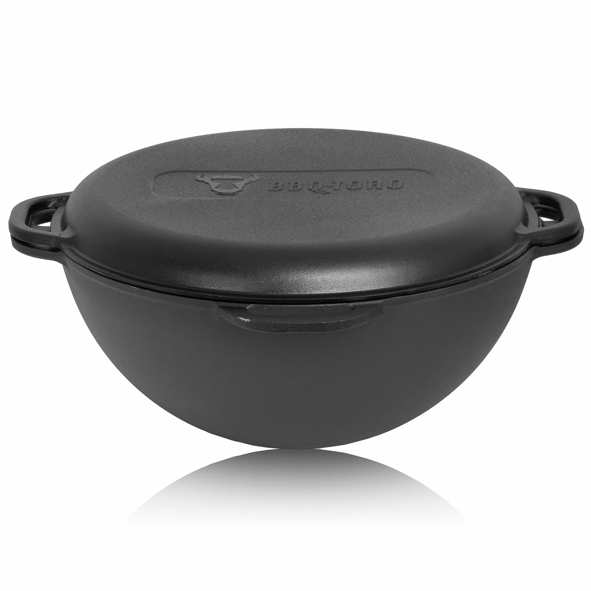 BBQ-Toro Żeliwny kazan z pokrywką | 16 litrów | tradycyjny garnek żeliwny | Kazań z okrągłym dnem | Wok do grilla wstępnie wypalony | garnek do duszenia do gotowania, duszenia, smażenia, smażenia