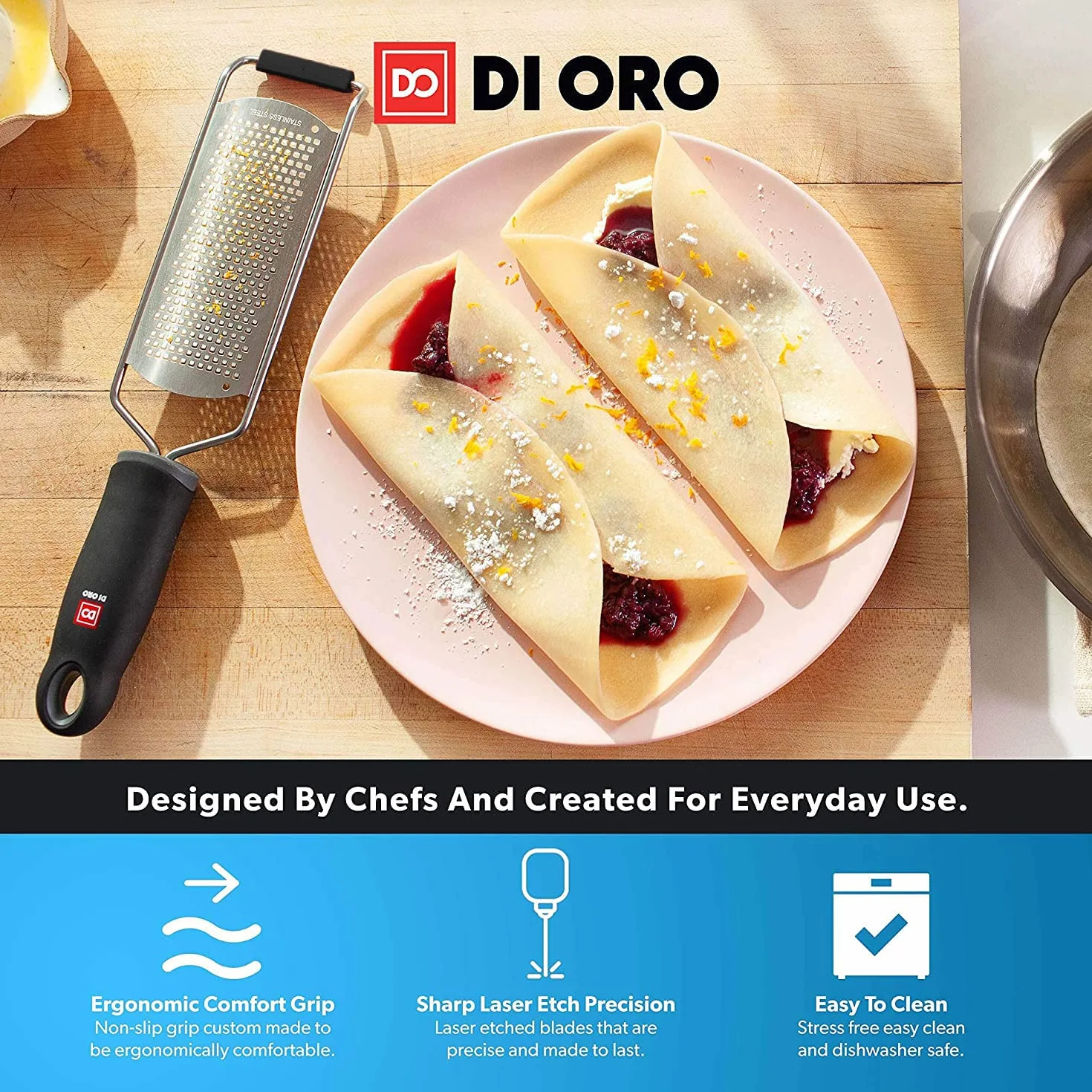 DI ORO® ręczna tarka i zester do cytryn - bez trudu ściera wszystkie rodzaje żywności i łatwo się czyści - ergonomiczny, wygodny uchwyt i ostra jak brzytwa stal nierdzewna