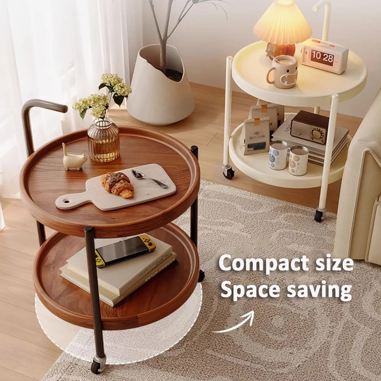 Okrągły stolik kawowy z kółkami – 2-poziomowy wózek do salonu i kuchni – wszechstronna brązowa sofa / stolik nocny (60 cm) – nowoczesne meble domowe