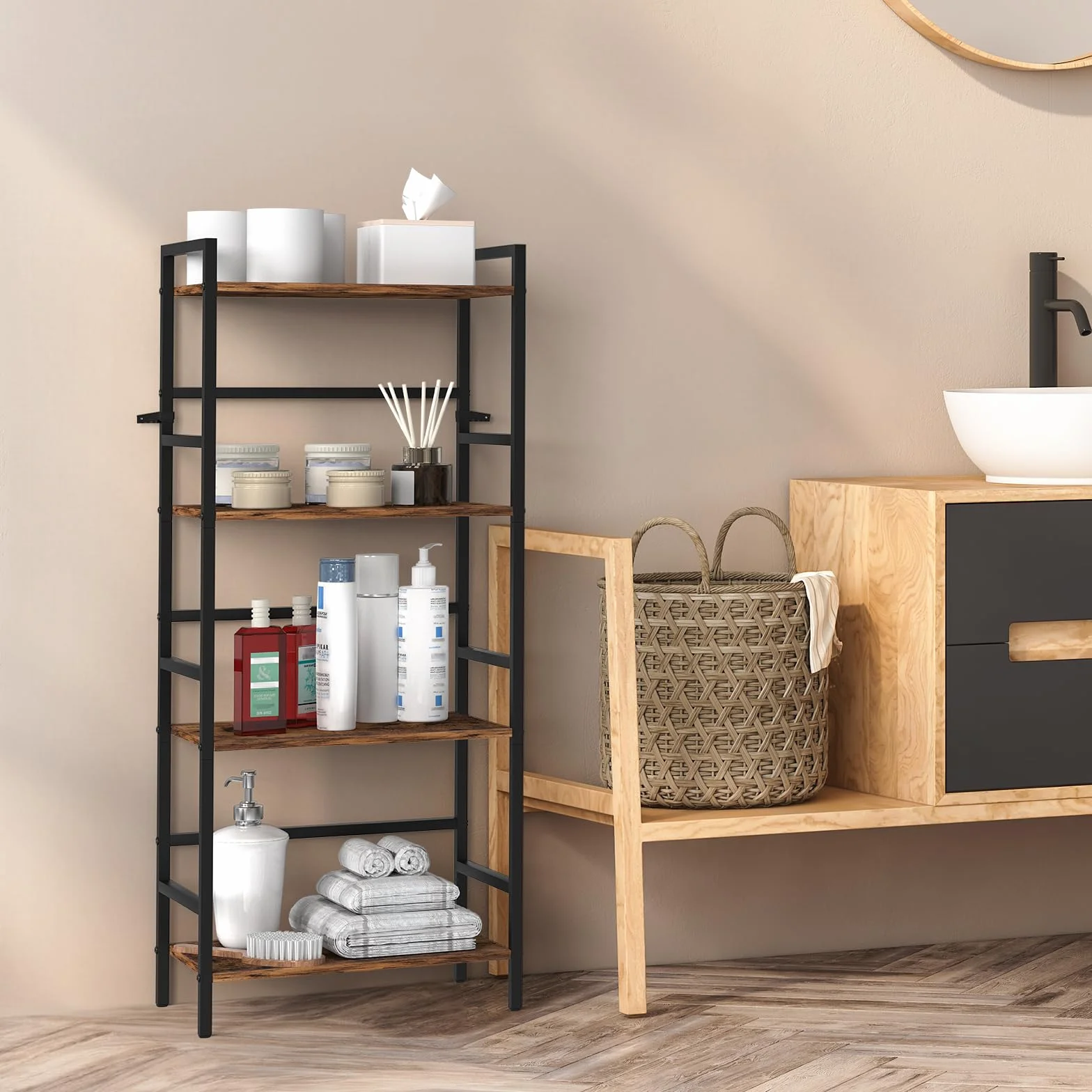 CADUKE 4-poziomowa półka na książki z miejscem do przechowywania Industrial Open Etagere Bookcase Wood Metal Book Shelf Stand Brown Regały na książki do salonu, sypialni, biura