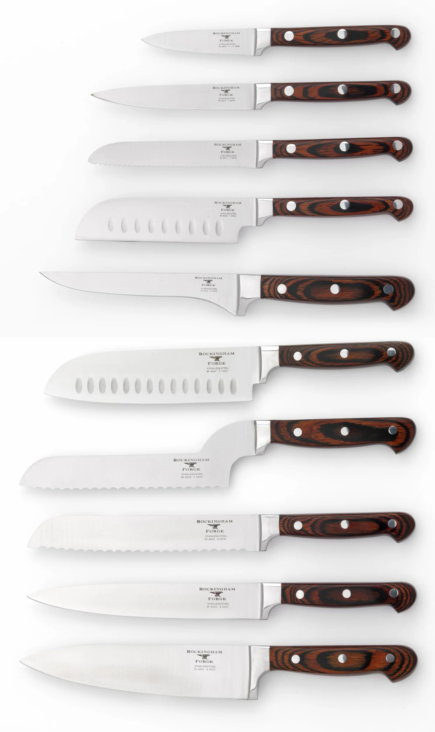 Nóż do trybowania Rockingham Forge Essentials 8000 Series 6” z klasycznymi nitowanymi rękojeściami z drewna pakkawood i konstrukcją full tang, ostrza ze stali nierdzewnej