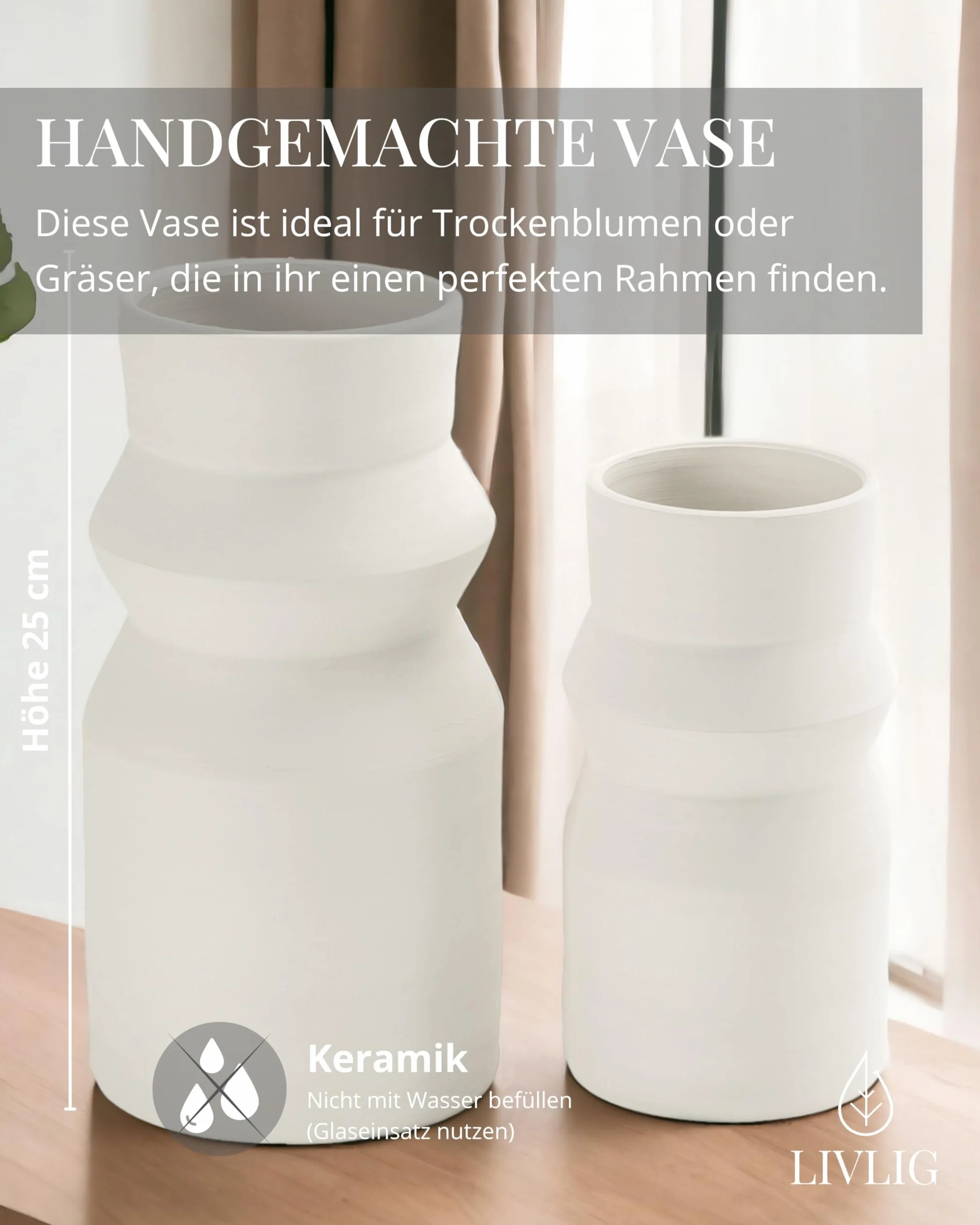 LIVLIG ręcznie robiony wazon biały, wazon na suszone kwiaty, wazon ceramiczny, wazon dekoracyjny, dekoracja stołu, wazon podłogowy, wysokość: 25 cm