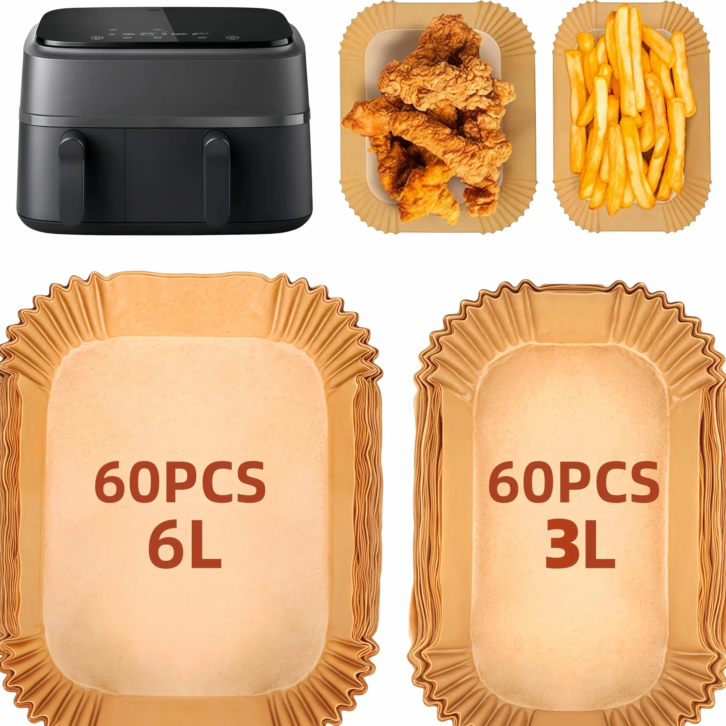 120szt Papier do smażenia do Philips Airfryer 3000 Series, papier smażenia Philips Dual Basket Airfryer 9 Litres NA35000, papier do smażenia Air Fryer do Moulinex EZ901820, 60szt+60szt, 6L+3L
