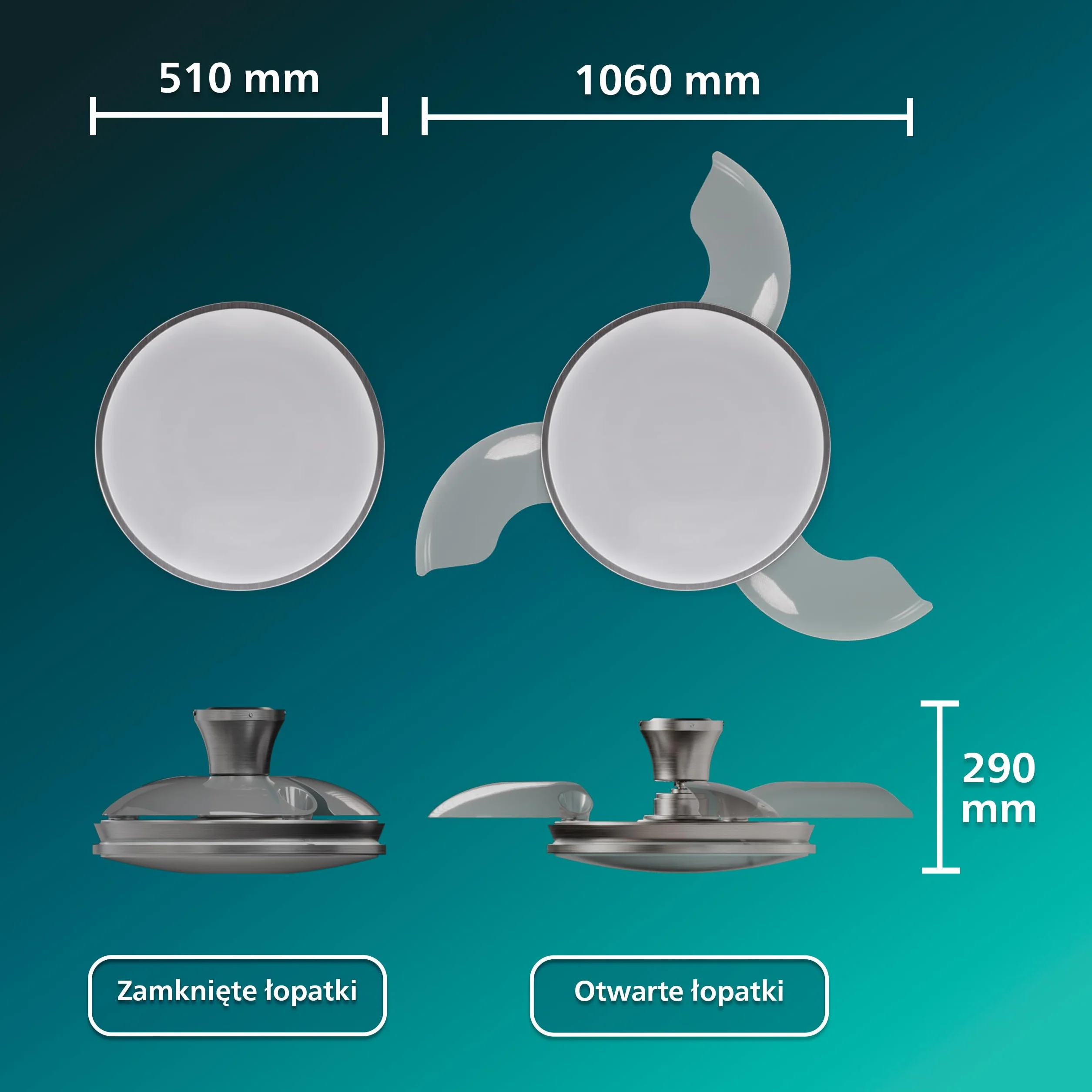 Chowany Wentylator Sufitowy Philips Atlas z Oświetleniem LED, 3 Łopatki, 106 cm, 4500 Lumenów, Regulowana Barwa 3000–6500 K, Przyciemnianie do 5%, Pilot, Niklowy