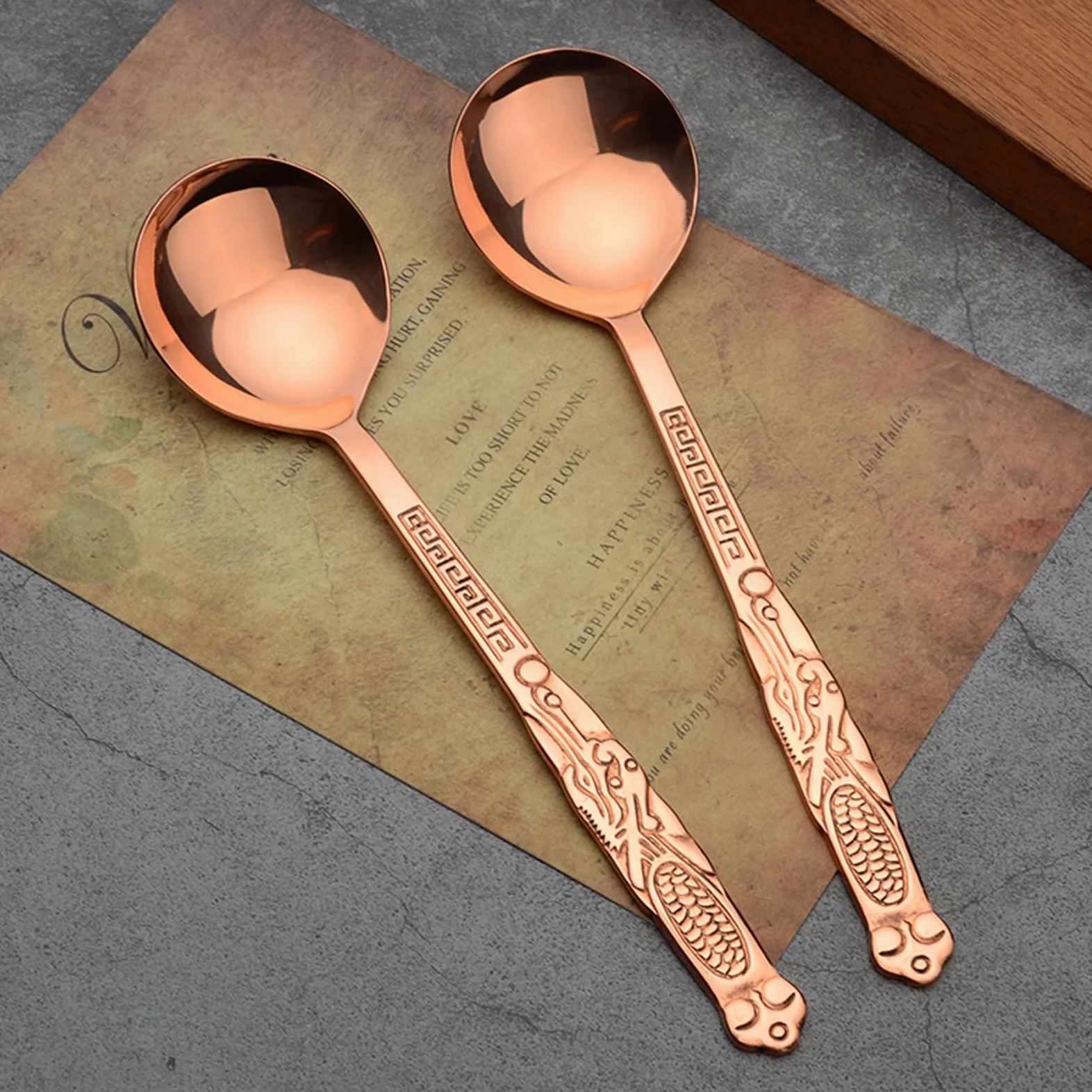 Łyżka w 100% z czystej miedzi, 19 cm kucie jako stara miedziana łyżka w stylu retro, odpowiednia do rodzinnych posiłków, restauracji, deserów, ciast, lodów (1)