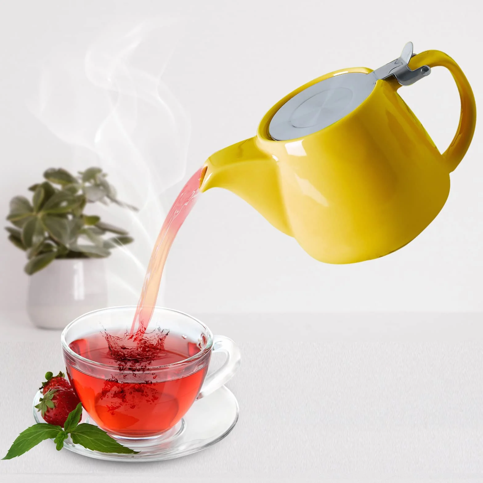 VIVILINEN Porcelanowy czajniczek z pokrywkami SLS i zdejmowanym zaparzaczem, 550ml/18.6oz ceramiczny czajniczek na szypułkę do herbaty kwitnącej i luźnej, żółty