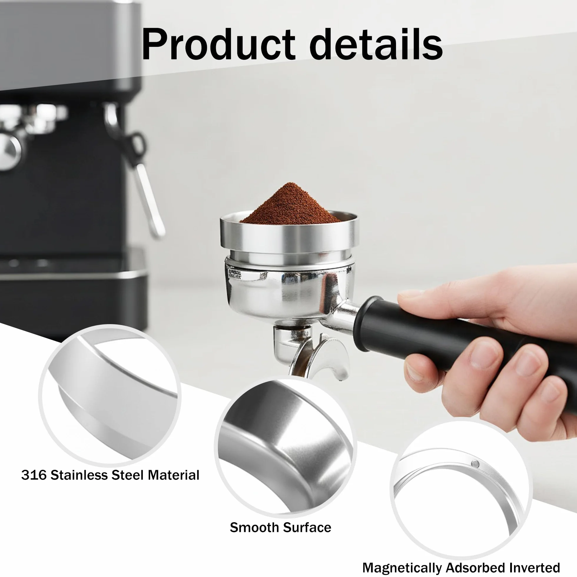 Pierścień dozujący do kawy 51 mm z sitkiem puck 51 mm, magnetyczny lejek dozujący, akcesoria do espresso dla baristy, domu, dokładne napełnianie zmielonej kawy (stal nierdzewna)