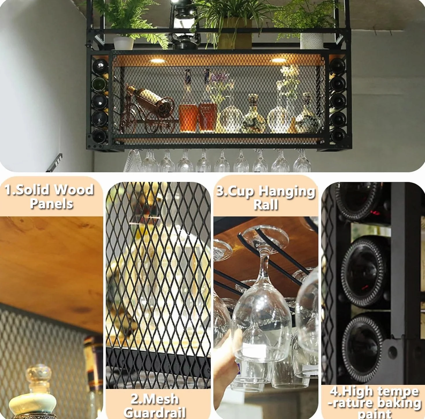Nowoczesny Metalowy Stojak Na Wino Montowany Na ścianie, Industrialny Sufitowy Wieszak Na Wino Z Uchwytem Na Szklanki I Półką, Dekoracja Baru W Stylu Retro Z żelaza, Stojaki Na Butelki Wina,1.2m/47in