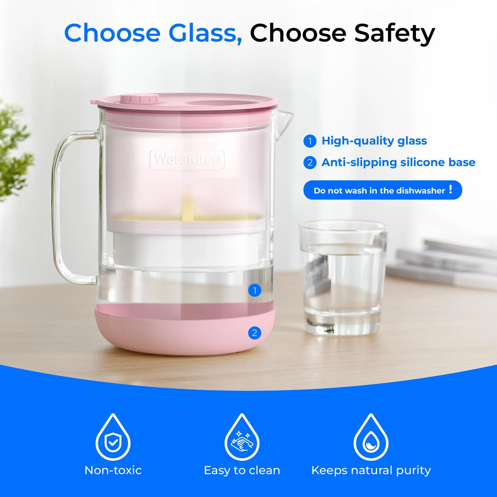 Waterdrop 𝐆𝐥𝐚𝐬 dzbanek z filtrem wody, 1,5L dzbanek z 2-miesięcznym filtrem, certyfikat NSF 53&42&372, Redukuje PFOA/PFOS, chlor, kadm, miedź, rtęć, WD-PT-72P