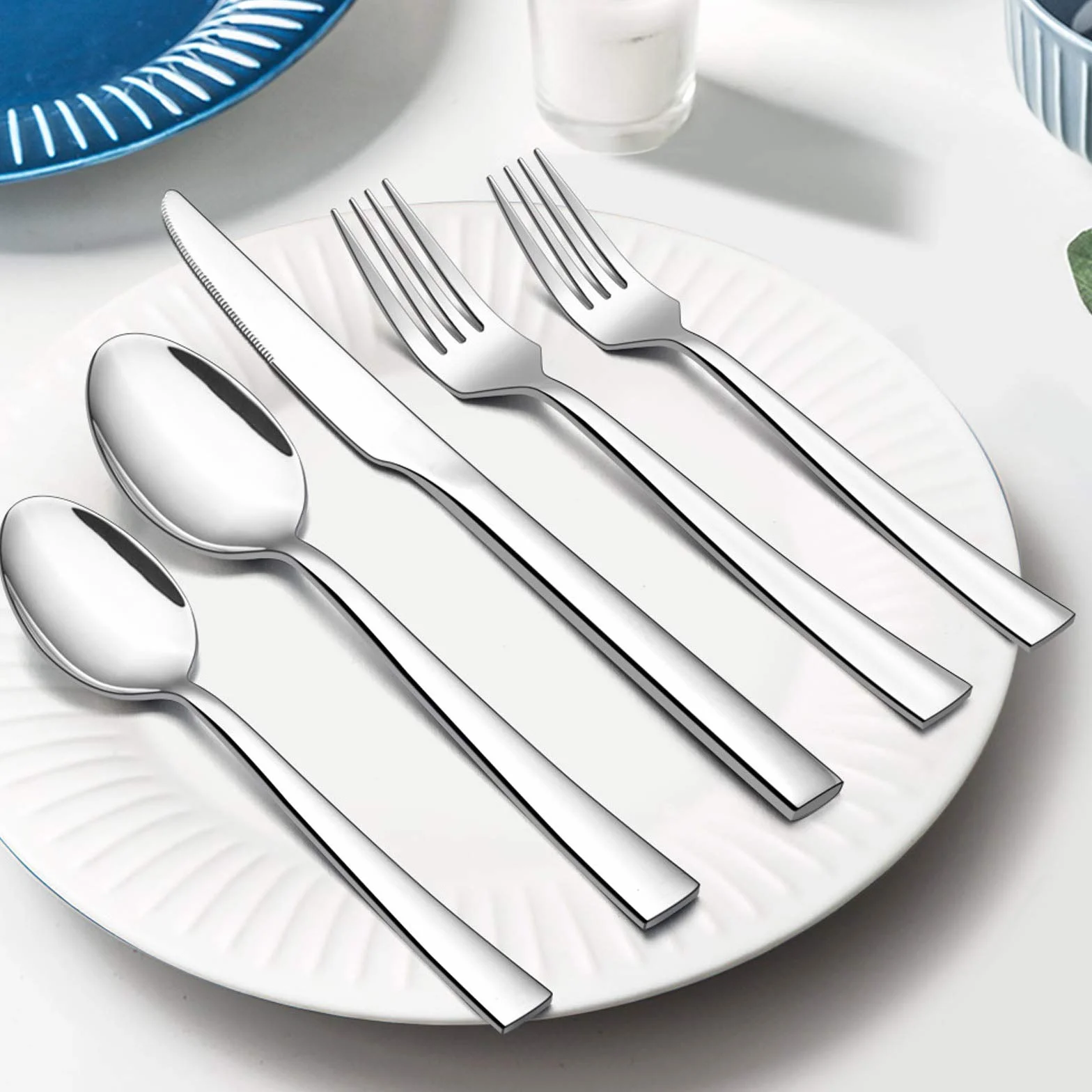 WERPOWER 60-częściowy zestaw srebrnych naczyń, zestaw naczyń ze stali nierdzewnej E-Far dla 12 sztuk, zestaw sztućców do domowej restauracji.