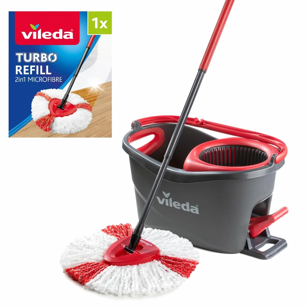 Vileda Easy Wring/Clean Turbo Zestaw Miotły z Wiadrem + 2 Wkłady, Szary/Czerwony, 45 x 27 x 27 cm