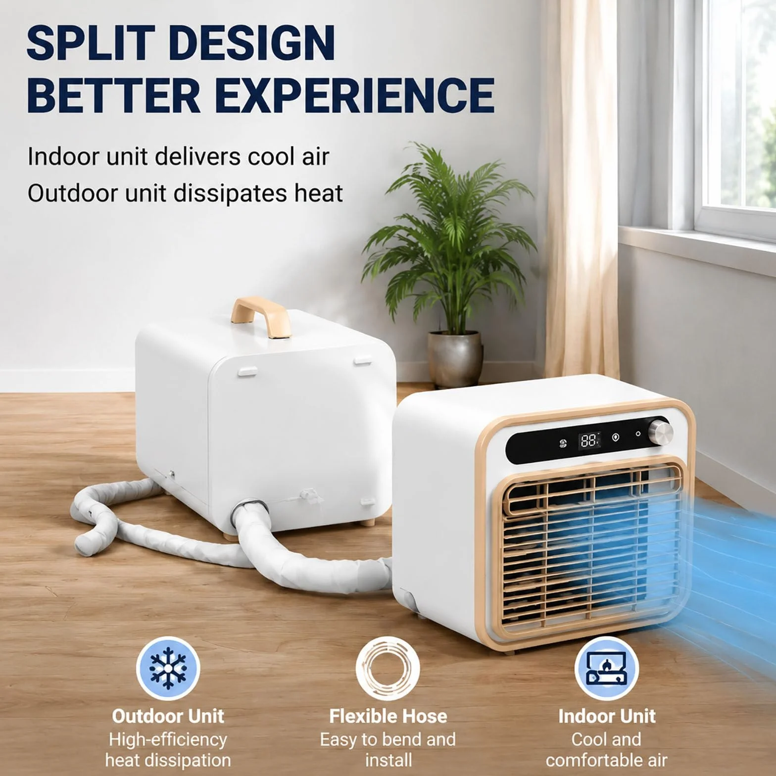 Przenośny klimatyzator 6800 BTU z jednostką zewnętrzną (konstrukcja typu split), moc chłodnicza 1500 W, łatwy w przenoszeniu – do namiotu, przyczepy kempingowej, kampera