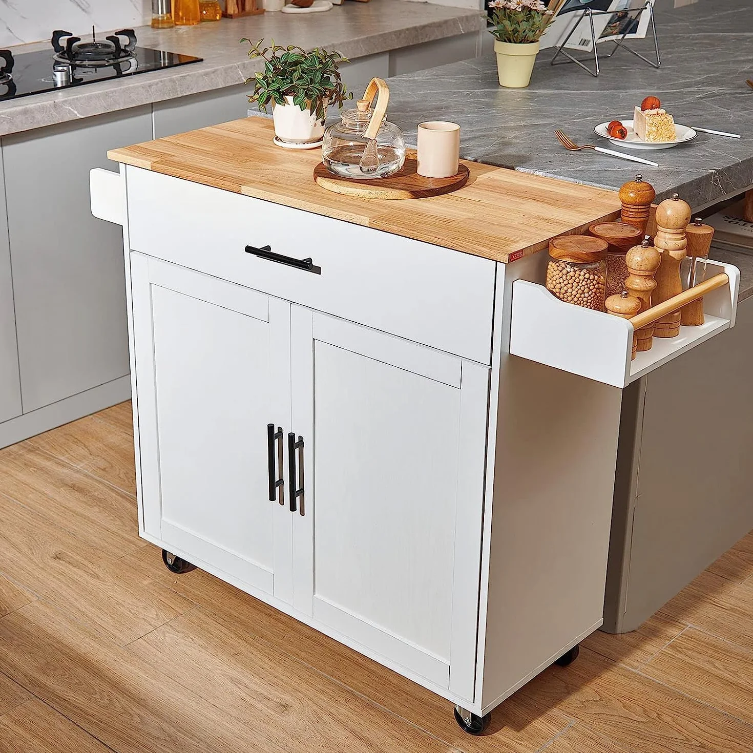 VEVOR Centralna wyspa 90 x 39 cm deska kuchenna z kółkami 1 szafka z 1 szufladą Szafka kuchenna z drewnianą deską roboczą 90x29 cm Uchwyt na przyprawy Wieszak na ręczniki do przechowywania Bar Kuchnia