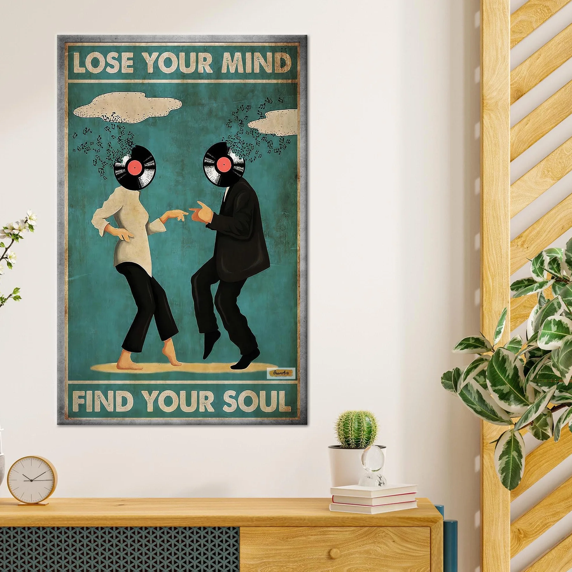 CAOXTART Retro płyta winylowa abstrakcyjna głowa obraz głowy: muzyka soul, taniec para plakaty sztuka ścienna dekoracja domu (70 x 110 cm/rama wewnętrzna)