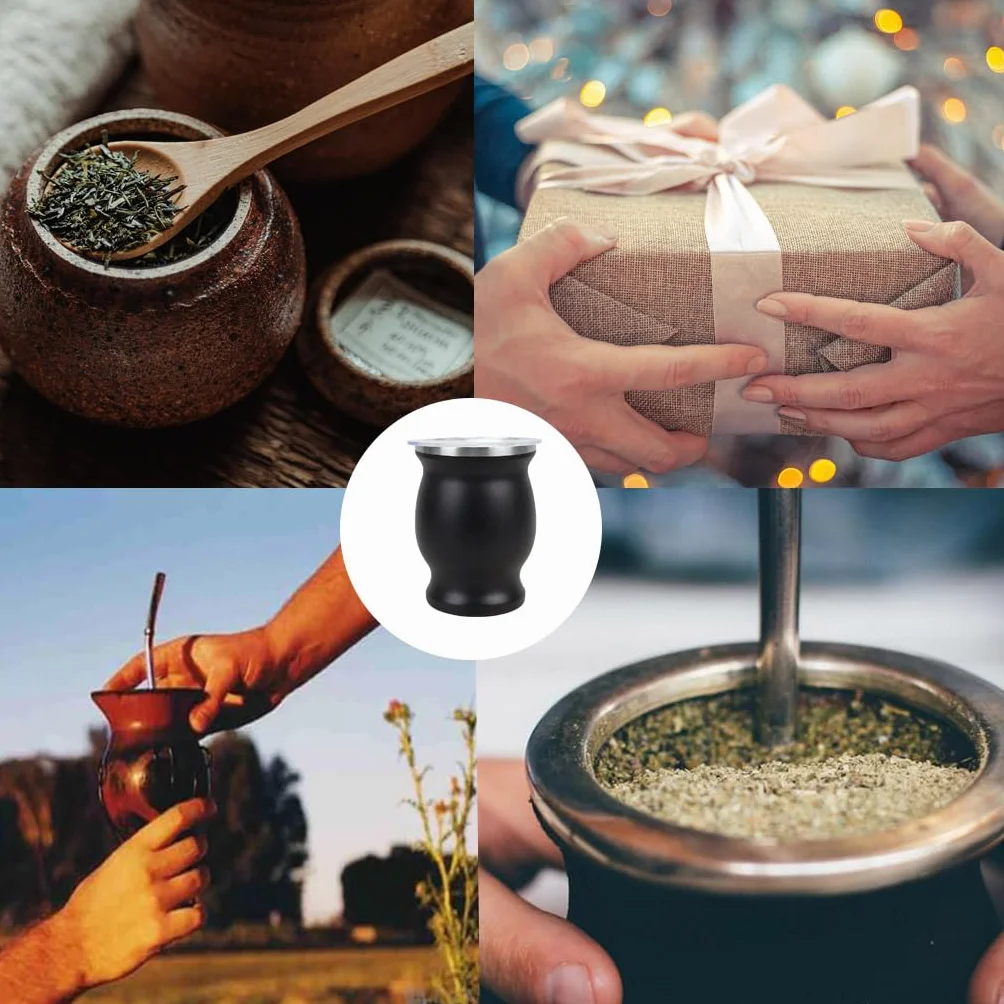 Mate zestaw kubków do herbaty, ze szczotką do czyszczenia i słomką Mate, czarny