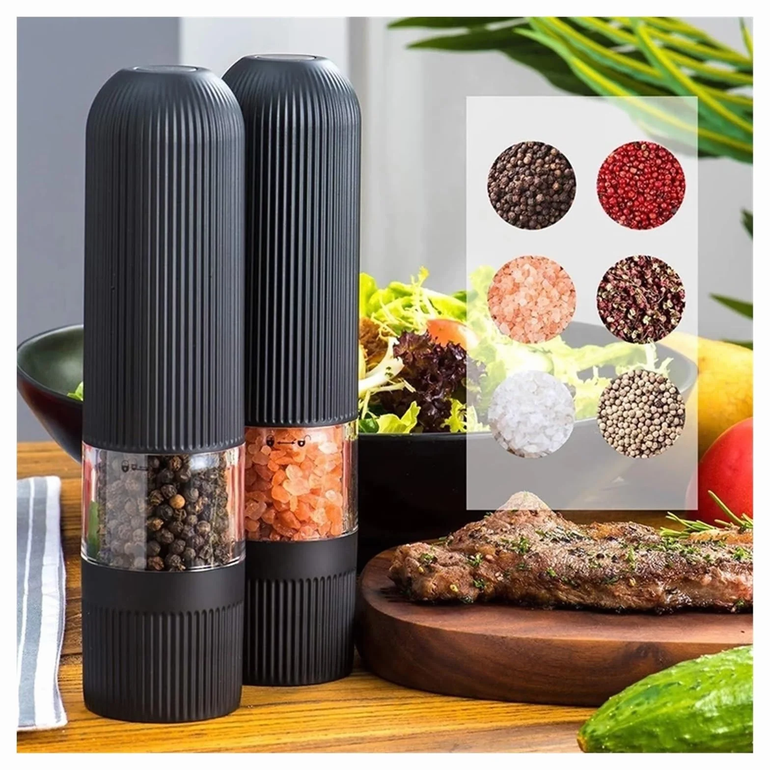 Młynek do pieprzu i soli, Automatyczny elektryczny młynek do soli i pieprzu z regulacją grubości 2 szt. Czarny(Black 2pcs)