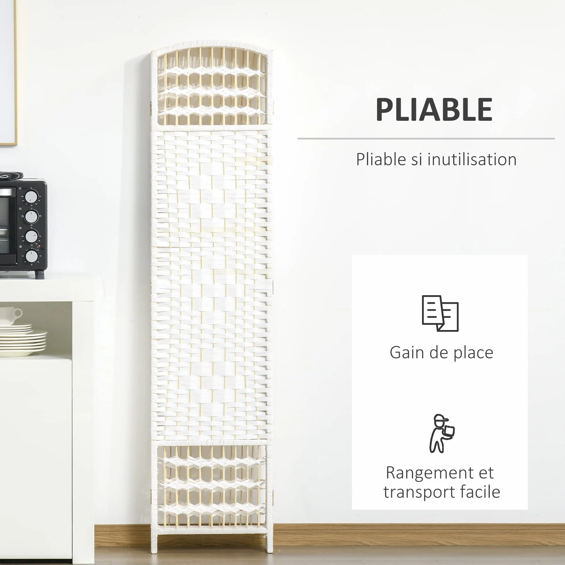 HOMCOM Parawan wewnętrzny 6 paneli składanych 242 L x 170H cm Przegroda pokojowa Drewno topolowe Bambusowe Włókna papierowe plecione Biała Słoma