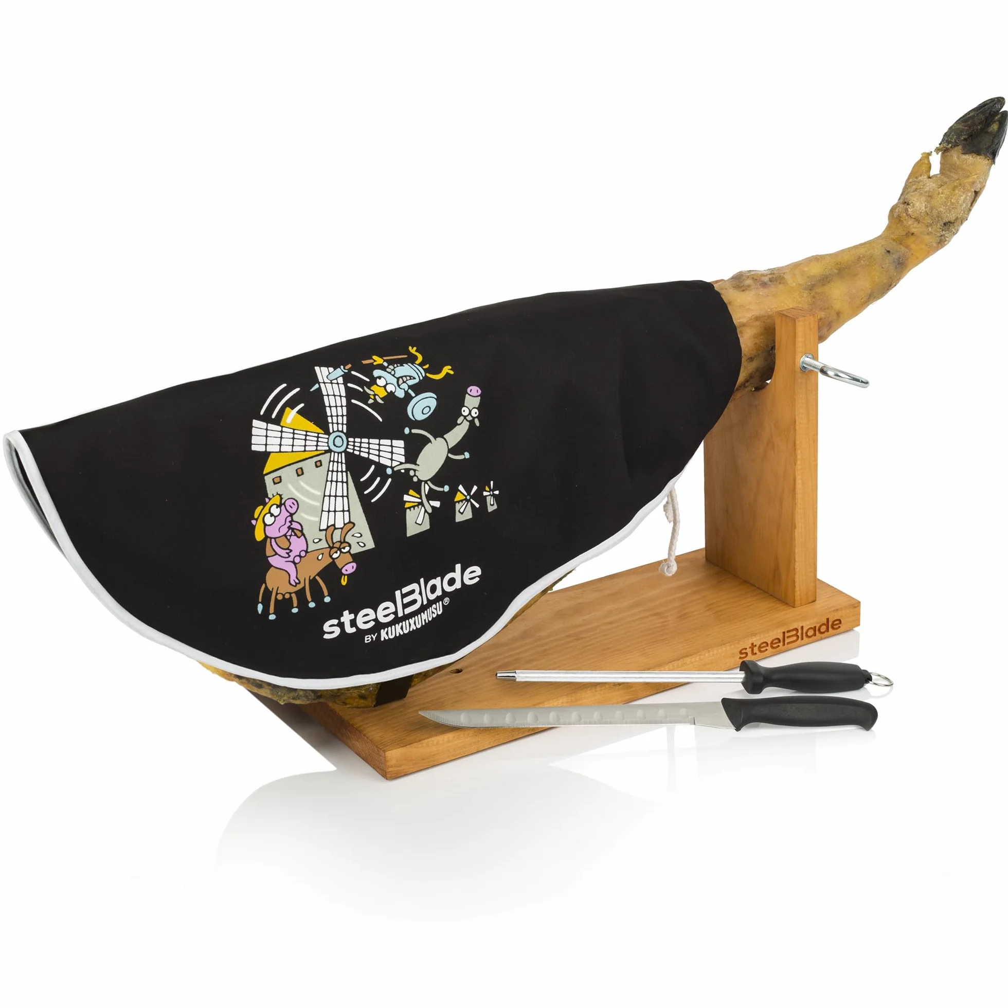 Jamonero + Szynka Kukuxumusu + Nóż Jamonero i Chaira - Uchwyt Jamonero wyprodukowany w Hiszpanii