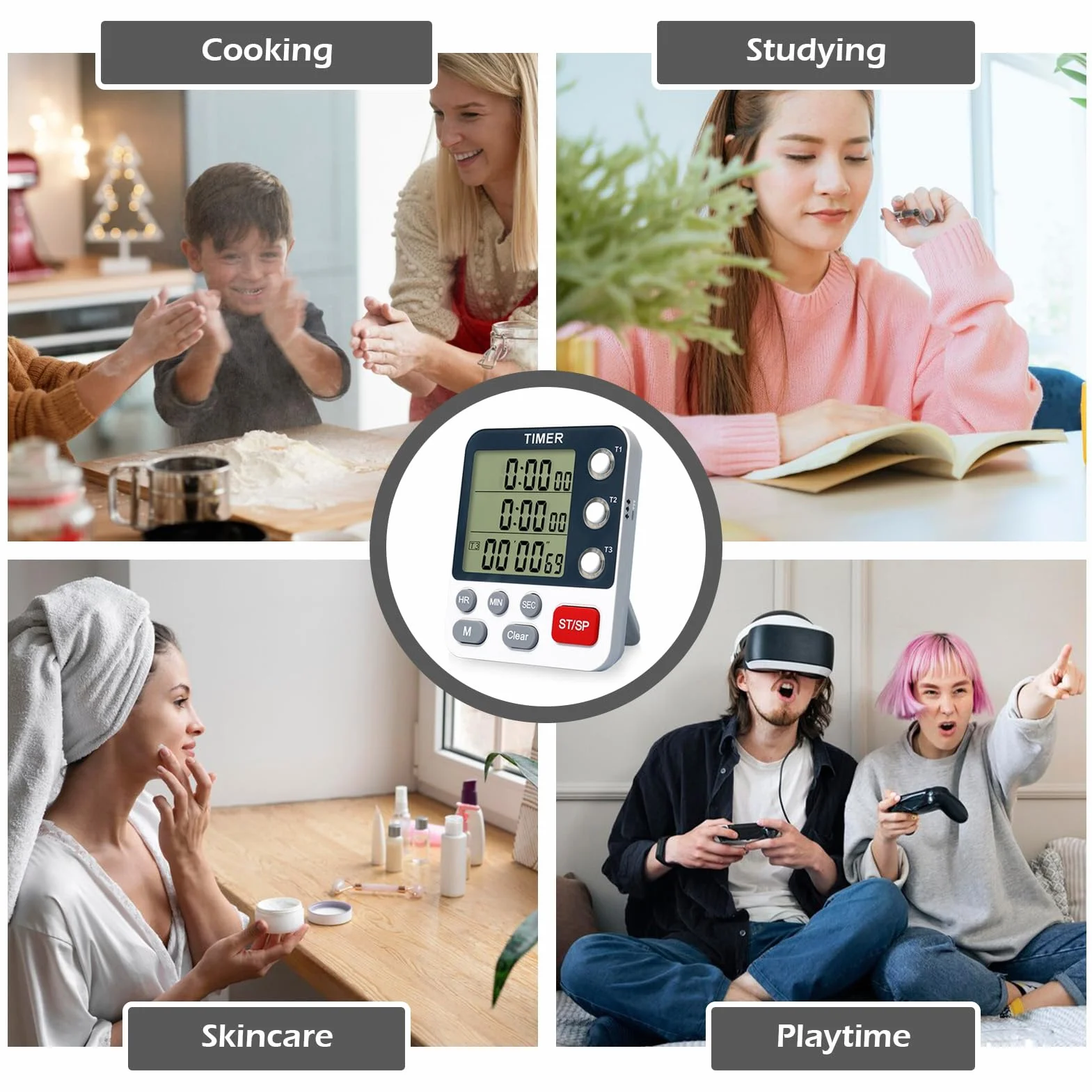 3-kanałowy cyfrowy zegar kuchenny, 3-kanałowy zegar odliczający zegar magnetyczny funkcja zapamiętywania wyświetlacz LCD regulowana głośność cyfrowy zegar kuchenny cyfrowy do szkoły, biura