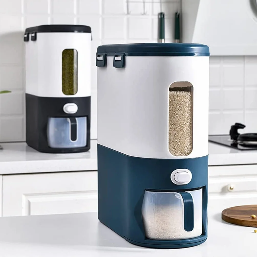 Dozownik Płatków Kukurydzianych Dozownik zbóż blat, spiżarnia ryżowa Duży Healtight Grain Dispenser Container One-Click Household Household Hermetyczny (Color : Blue-15kg)
