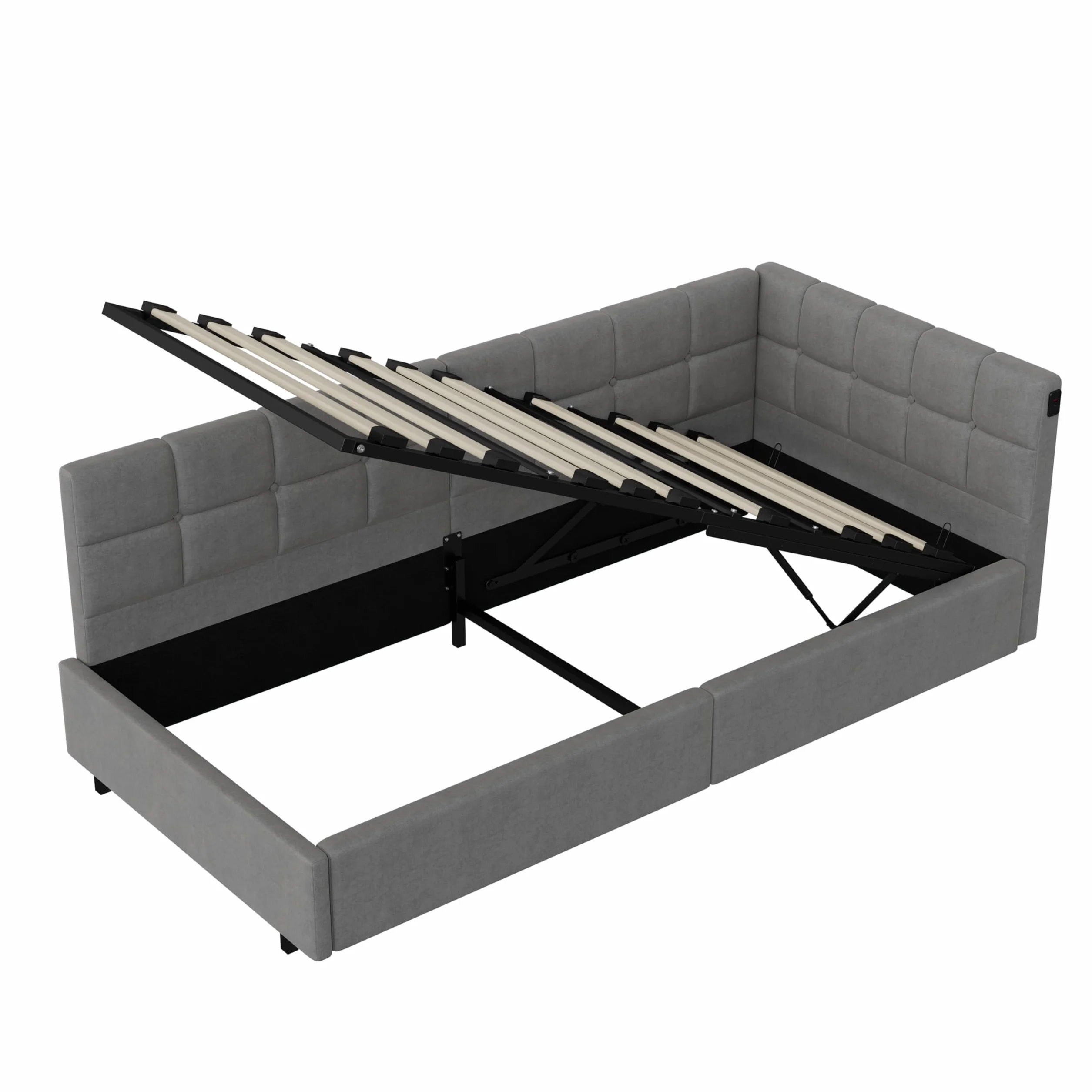Łóżko tapicerowane, sofa z funkcją spania, 90 x 200 cm, z diodami LED i USB, łóżko młodzieżowe, wielofunkcyjne z hydrauliczną przestrzenią do przechowywania i skrzynią na pościel, sofa z funkcją