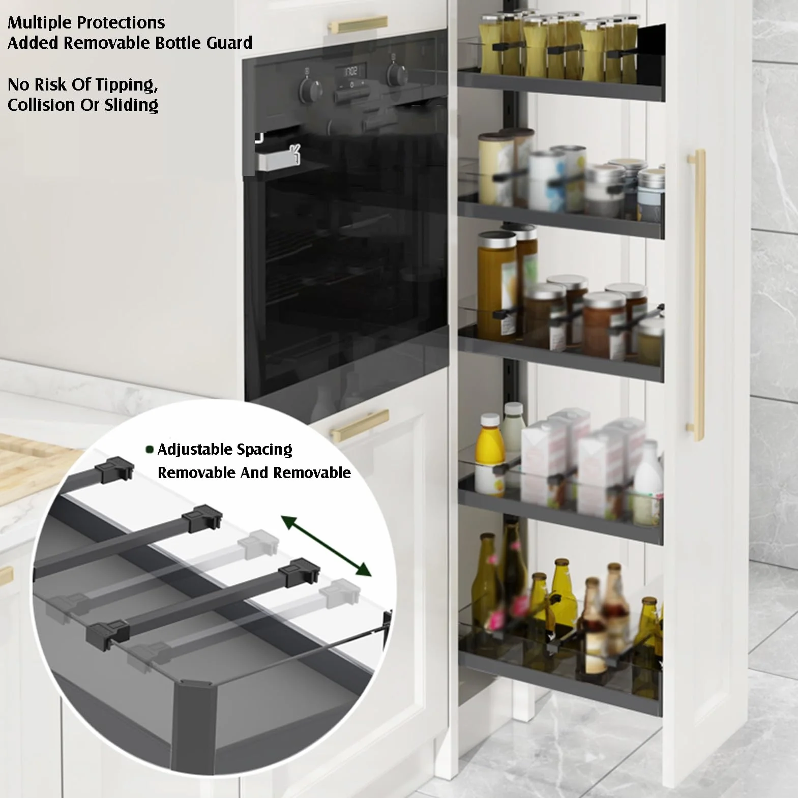 Wzmocniony, wysuwany organizer z szufladami szafki z cichymi szynami tłumiącymi do wąskich, wysokich szczelin w kuchni w spiżarni(210x485x4tier)