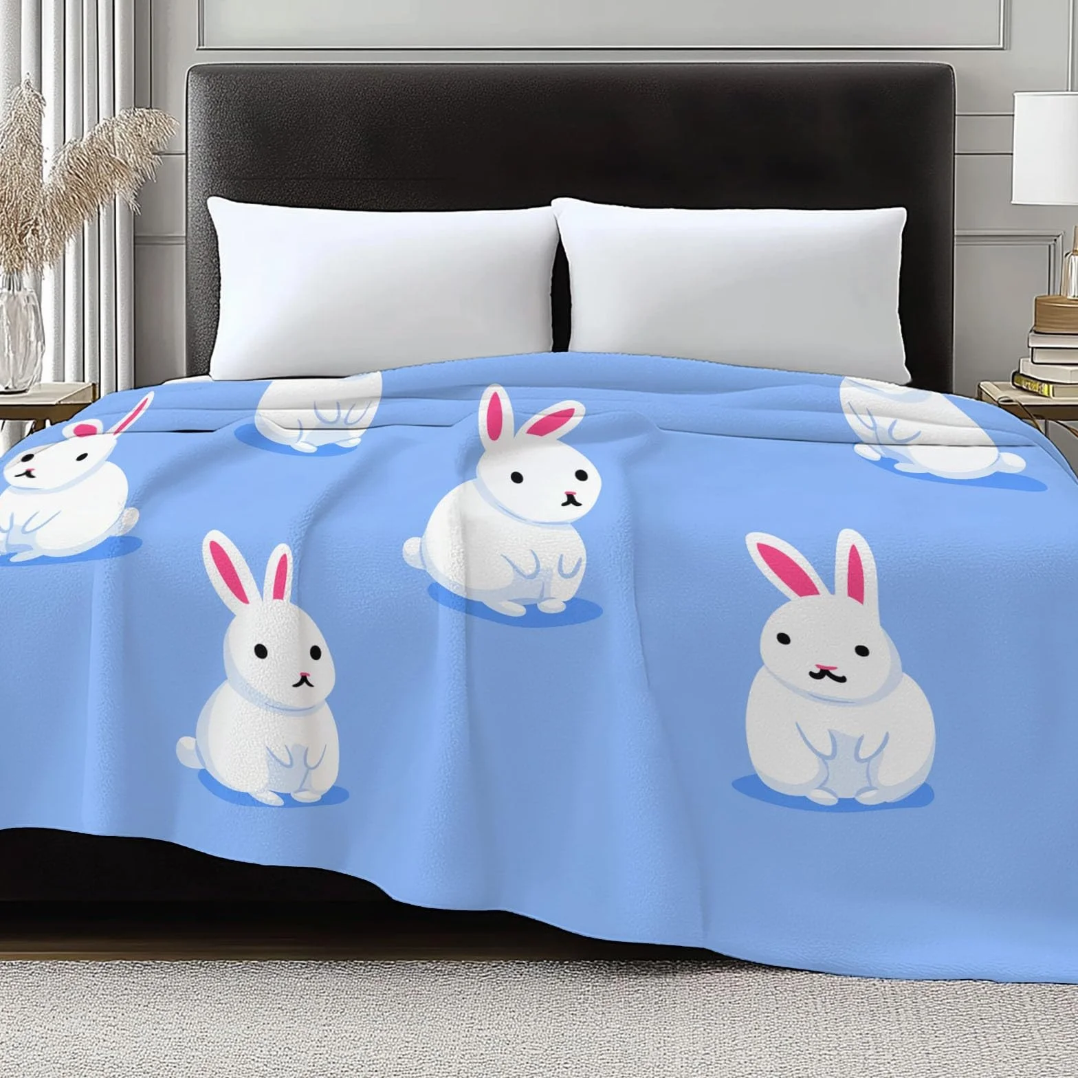 Kreskówka flanelowy koc polarowy zwierzęta królik flanelowy, narzuta na sofę przytulny koc dwuosobowy koc na łóżko w kratę zimowy, 220 x 240 cm błękitny