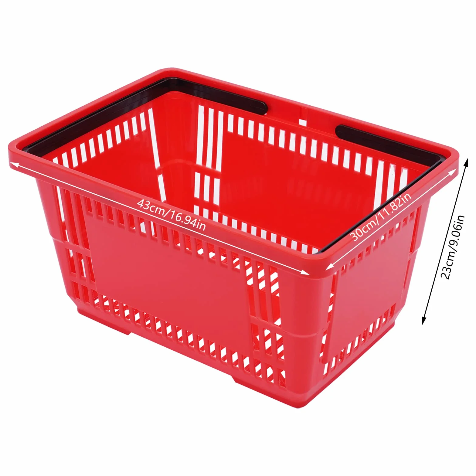 Plastikowy koszyk na zakupy czerwony z uchwytem do noszenia, zestaw 12 sztuk, 18 l | Koszyk na zakupy z możliwością układania w stos, przenośny kosz z tworzywa sztucznego z uchwytem, do 10 kg, czerwony