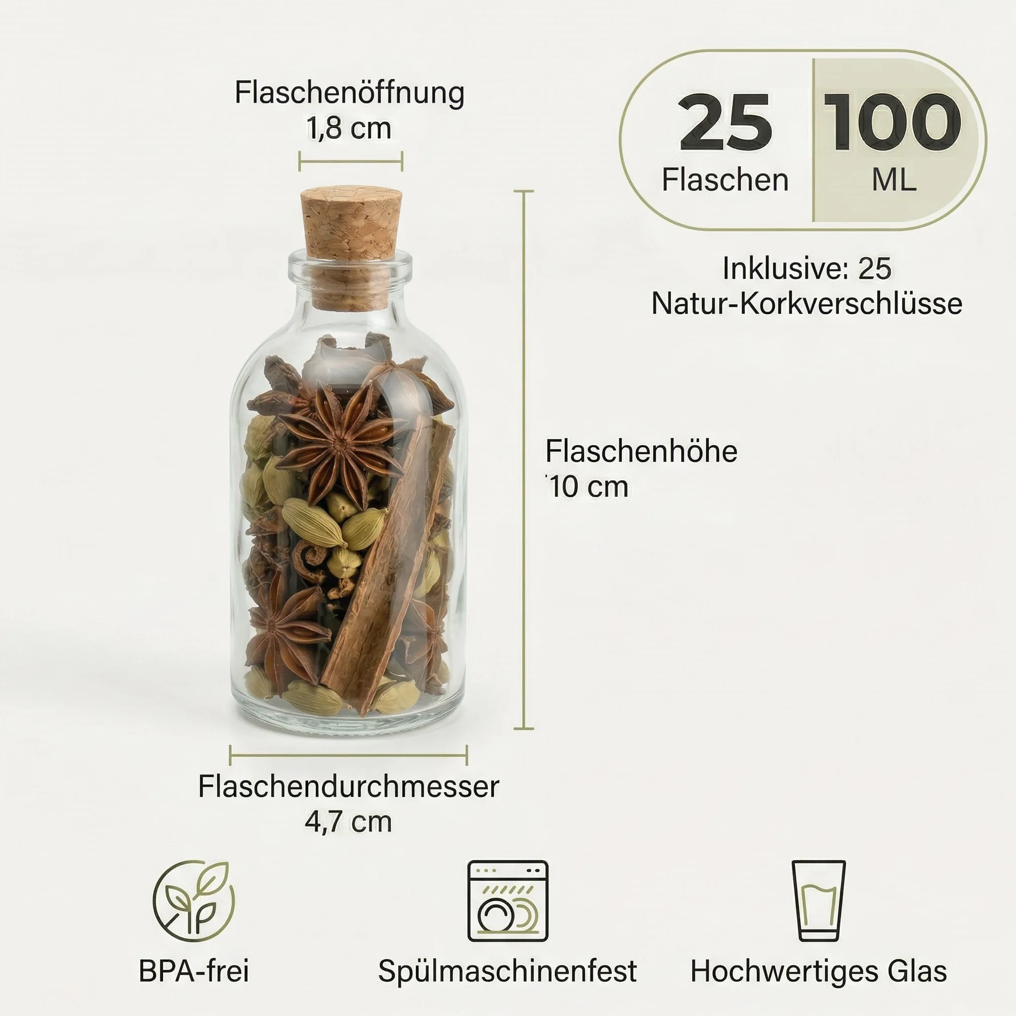 Mini butelki szklane 100 ml z korkiem, 25 sztuk, małe butelki do napełniania, szklana butelka Mini-TR, przezroczyste butelki na likier, 25 x 100 ml
