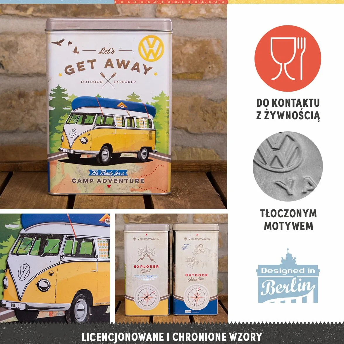 Nostalgic-Art Retro puszka L, 3 l, VW Bulli – Let's Get Away – Pomysł na prezent dla miłośnika Volkswagena Busa, Official License Product (OLP), duży pojemnik na kawę z metalu, Styl vintage