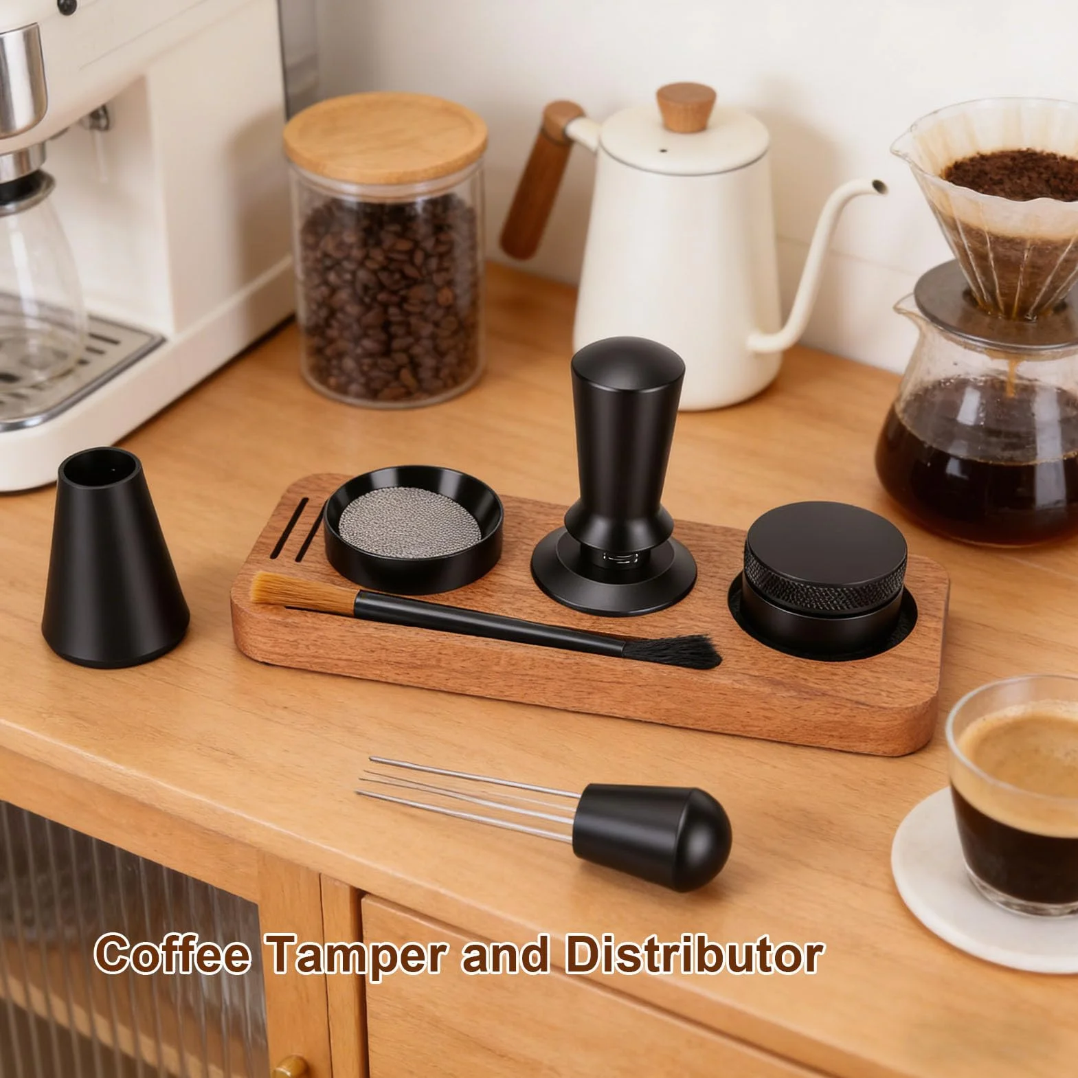 Fockety Zestaw Akcesoriów do Espresso 7 szt., Zestaw Narzędzi do Espresso z drewnianą stacją Ubijania, Dystrybutor, Ubijak Kawy, Lejek Dozujący, Szczotka