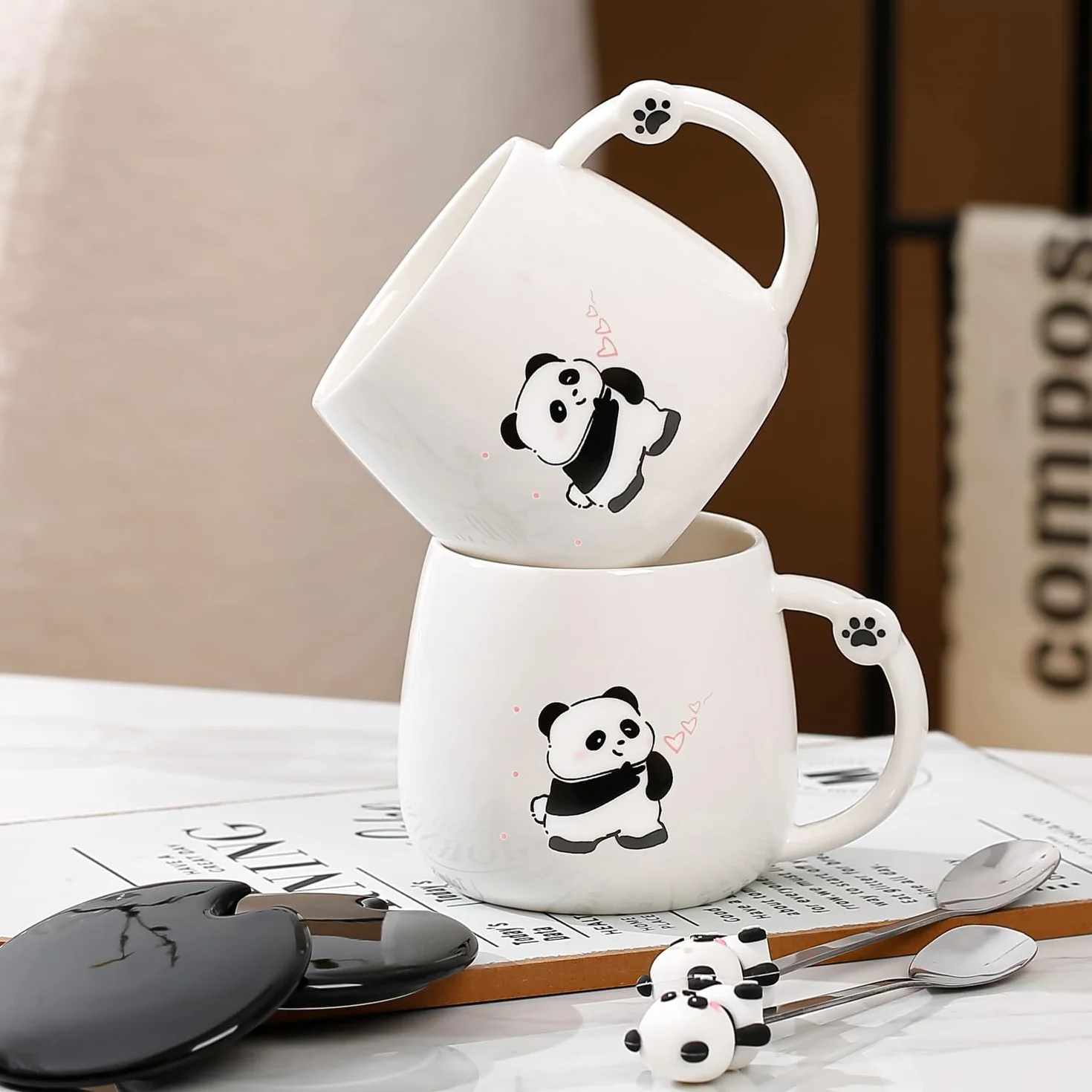 Panda Filiżanki Prezent Filiżanka Dziecięca - Ceramiczna filiżanka z pokrywką, łyżeczka ze stali nierdzewnej, filiżanka do kawy, filiżanka do herbaty, zabawny prezent dla kobiet, słodkich filiżanek