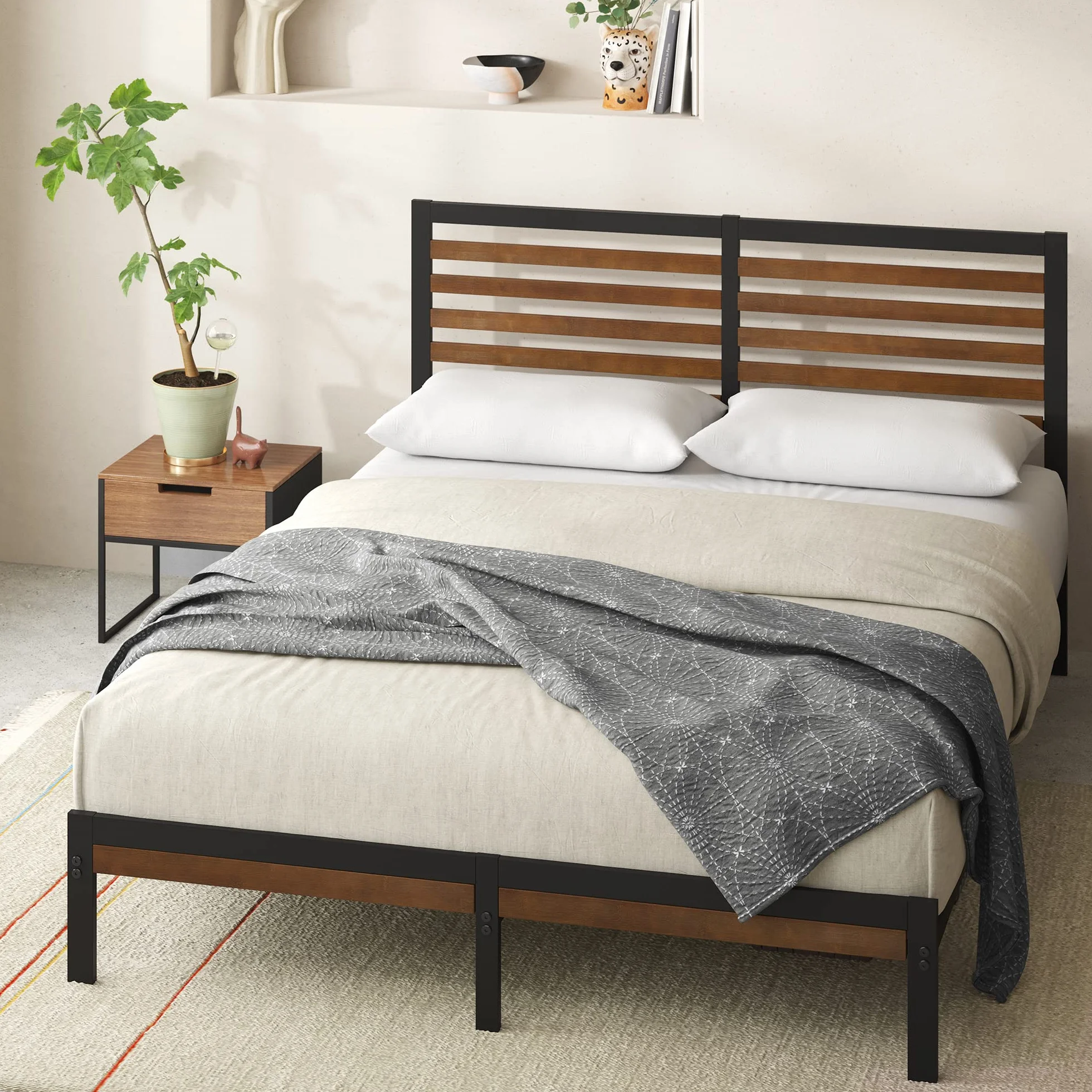 Zinus Kai Łóżko 160 x 200 cm – wysokość 23 cm, łóżko king-size – metalowa rama łóżka bambusowego (brązowo-czarna)