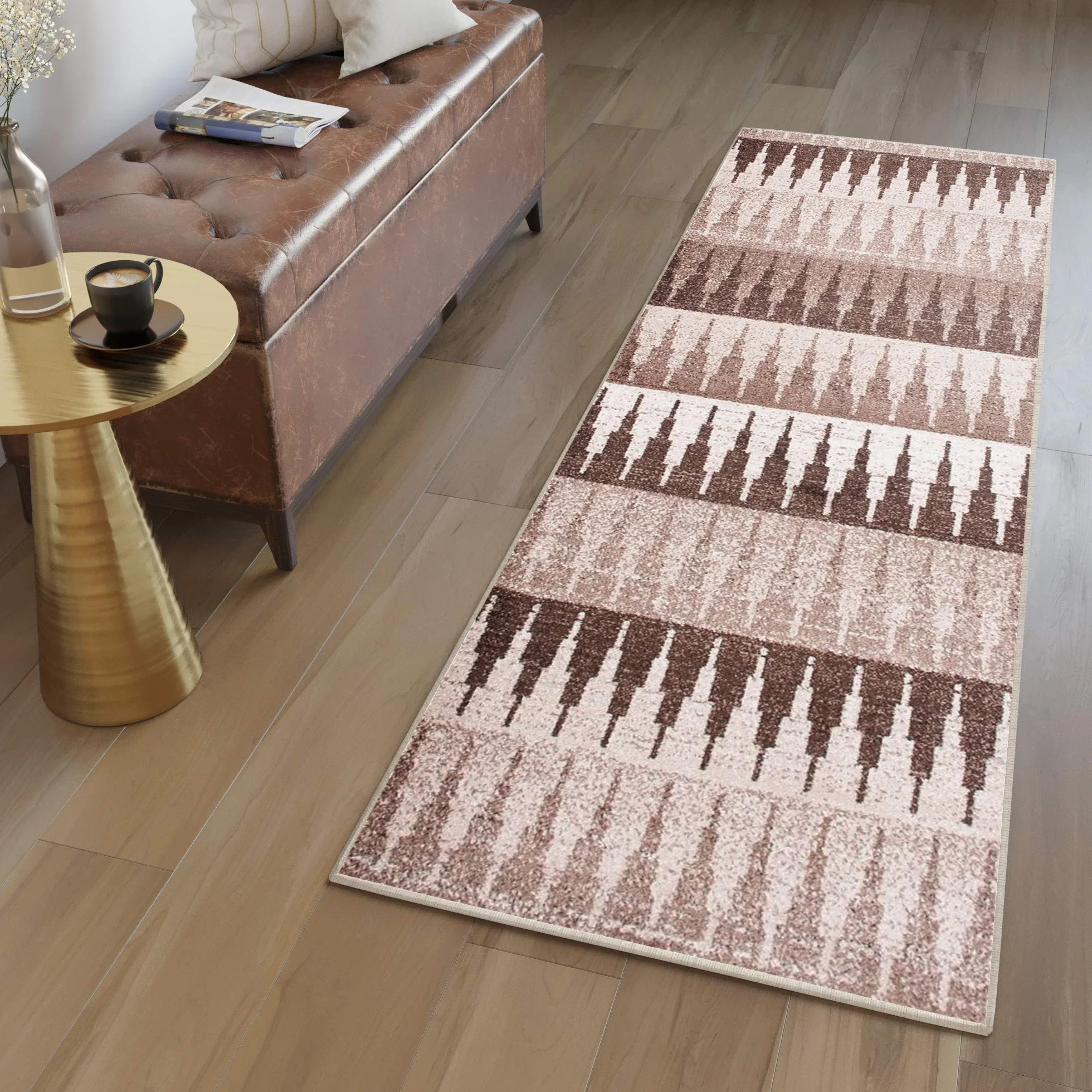 Tapiso Sari dywan bieżnik sprzedawany na metry, do salonu, kuchni, korytarza, mostek na wymiar, geometryczny trójkąt brązowy, kremowy, beżowy, nakrapiany Ökotex 100 x 130 cm
