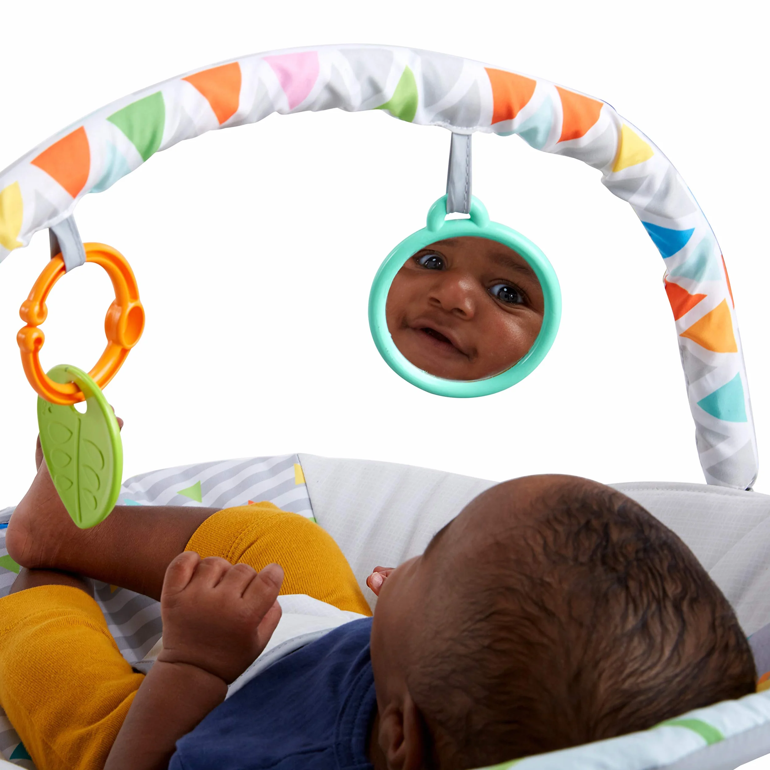 Bright Starts, Łopatka dla niemowląt, Safari Fun z uspokajającymi wibracjami, poduszka do siedzenia, nadająca się do prania w pralce, antypoślizgowe nóżki i 2 zabawki