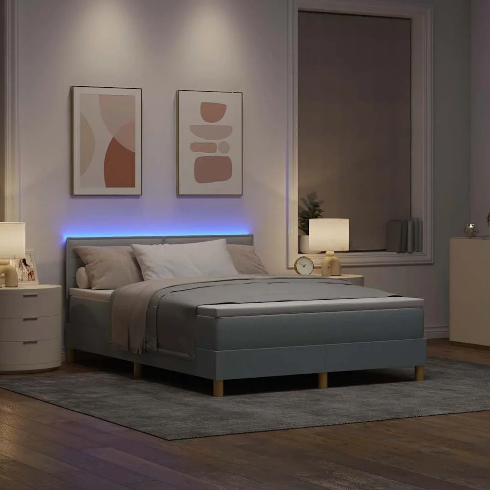 Nowoczesne łóżko z podświetleniem LED Model Standard 140x190 cm Szary | Łóżko z regulowanym zagłówkiem LED Jasnoszary 140x190 cm tkanina z materacem sprężynowym do sypialni