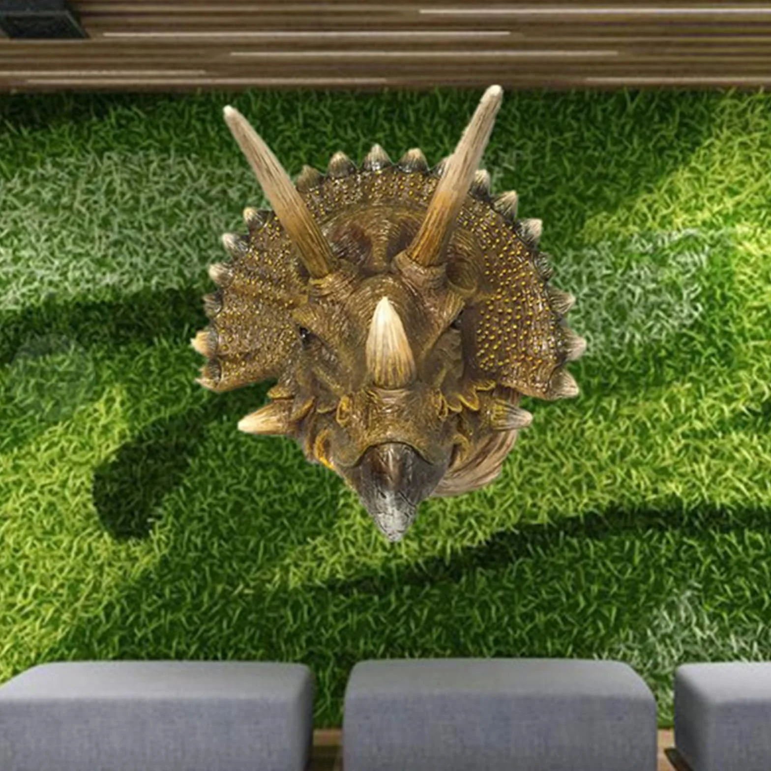 YXCQHZM Głowa dinozaura rzeźba Triceratops montowana na ścianie wisząca dekoracja tablica figurka realistyczna replika ziemia przed czasem epoka lodowcowa dinozaury