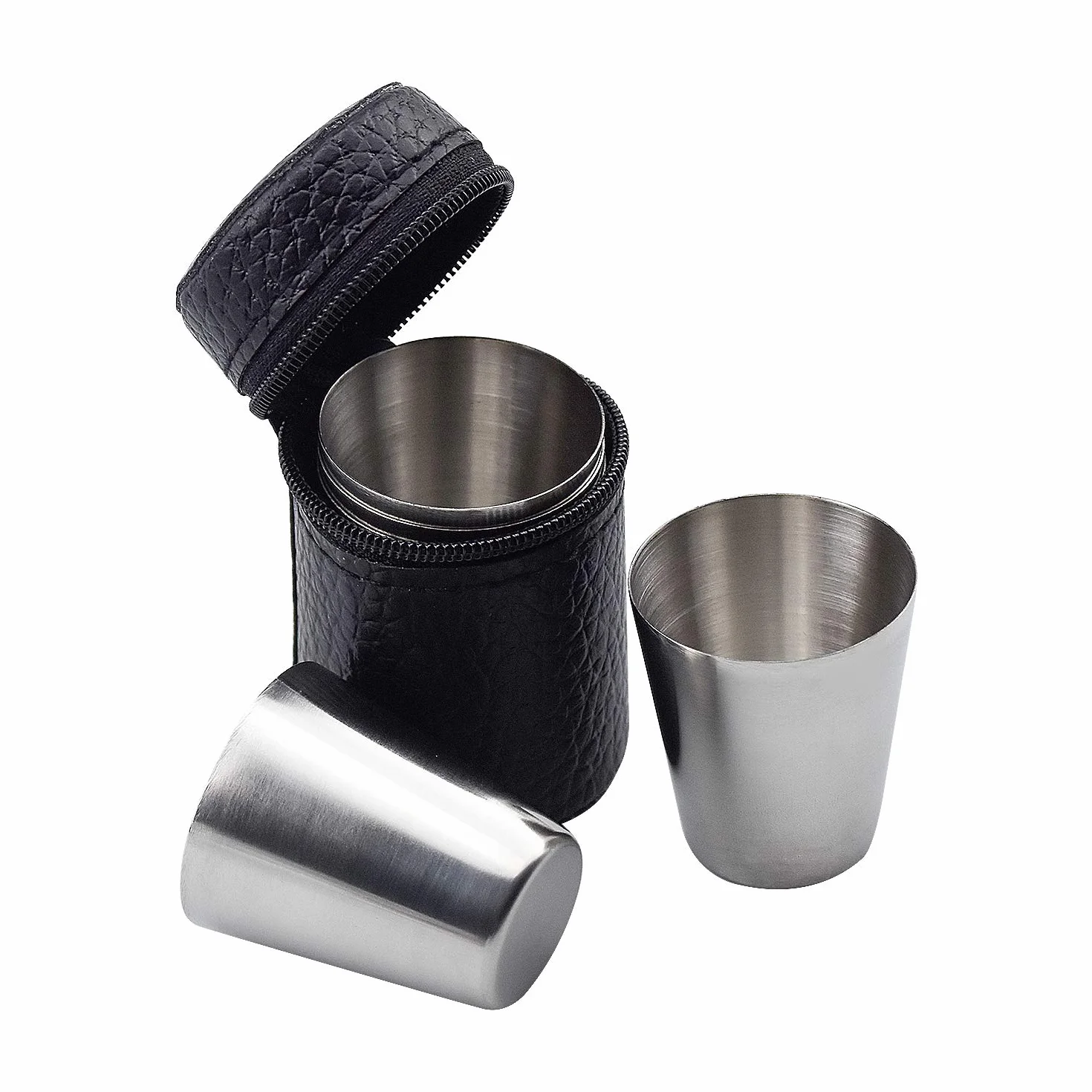 Zestaw 7 kubków ze stali nierdzewnej, kubek barmański, narzędzia barmańskie, 30 ml, nietłukące się kubki do picia, kubki do sznapsa, 6 kubków z 1 skórzanym etui, przenośny kieliszek do wina