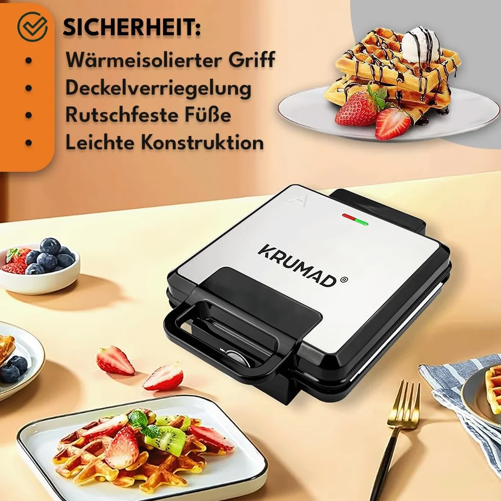 KRUMAD Gofrownica 2000W – Poczwórny opiekacz do gofrów z powłoką nieprzywierającą, regulacją temperatury i lampkami kontrolnymi – Kompaktowy sprzęt kuchenny do chrupiących gofrów