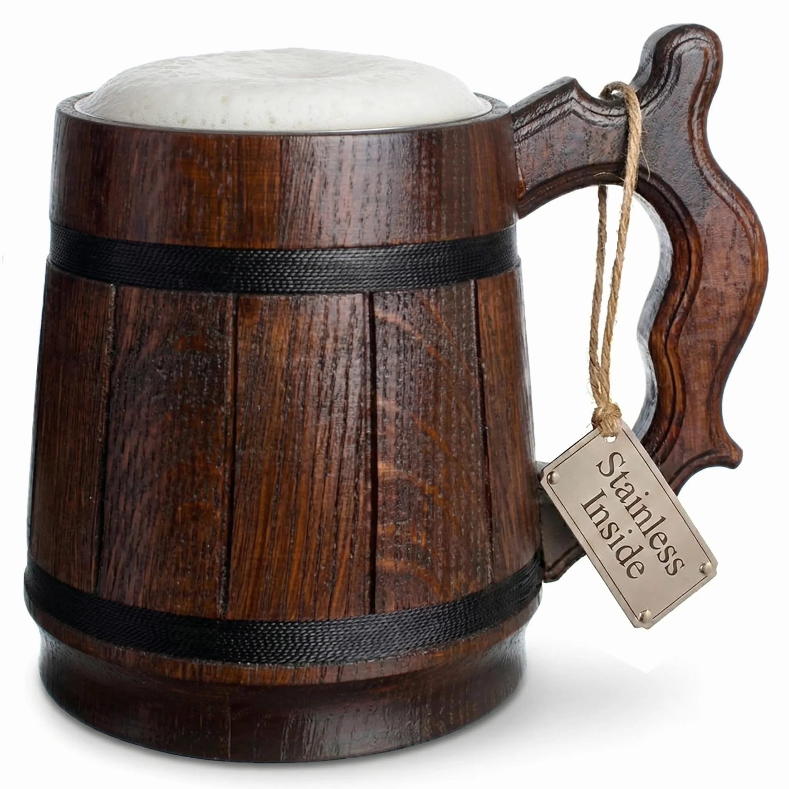 Ręcznie robiony kubek do piwa drewno dębowe kubek ze stali nierdzewnej naturalny ekologiczny drewniany kufel 0,6 l 590 ml klasyczny brązowy (retro 590 g / 0,6 l)
