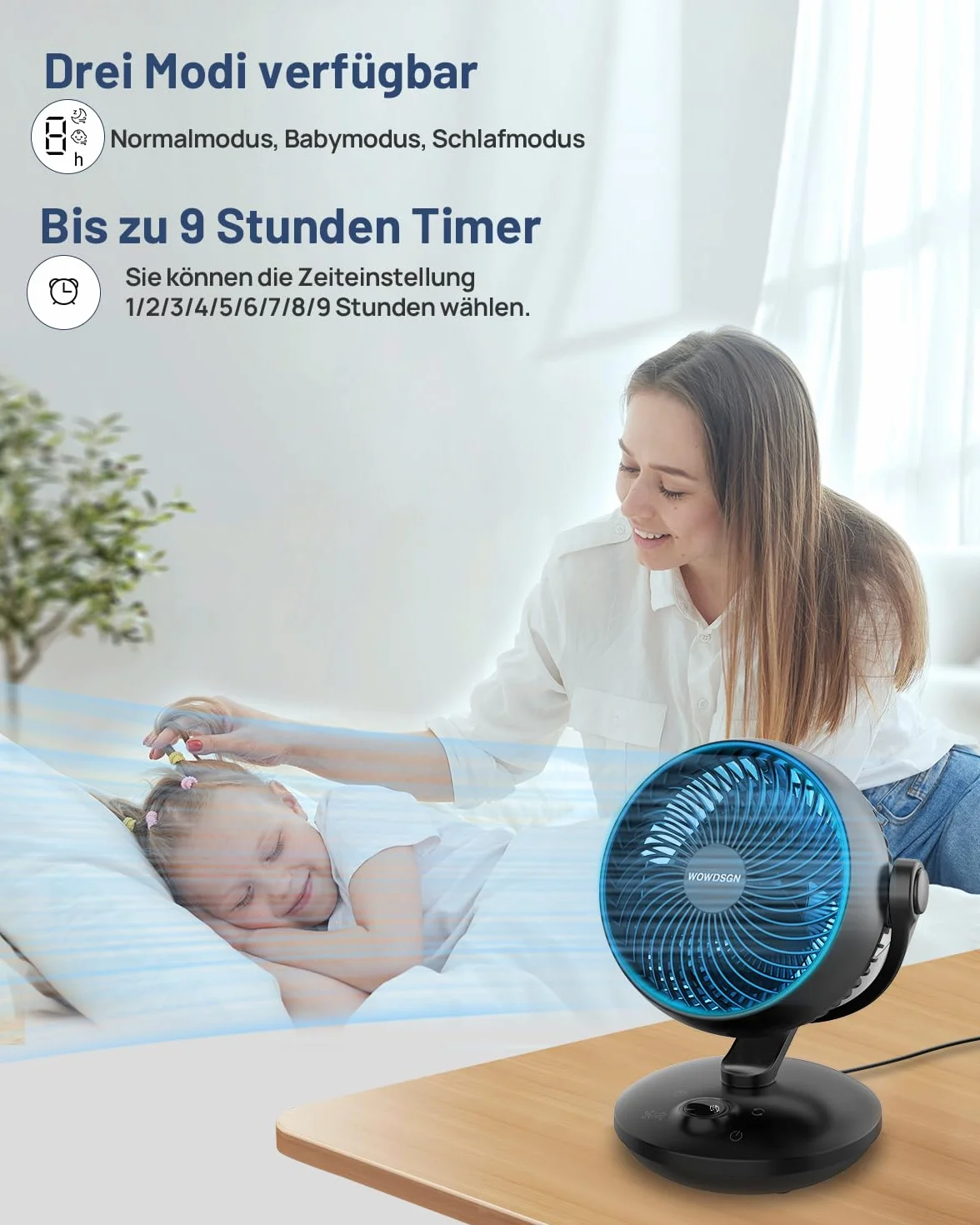WOWDSGN Wentylator biurkowy, cichy, 24 dB, z wyświetlaczem, wydajny turbo cyrkulator 3D, 9-godzinny timer, oscylacja 100° i 80°, 6 stopni prędkości, do sypialni, salonu, biura, kuchni