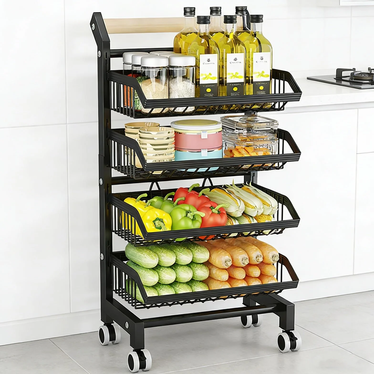Display Rack,4-Tier Rolling Storage Cart With Wheels,Adjustable Metal Fruit & Vegetable Basket Organizer With Wood Handle,Mesh Wire Utility Rack For Kitchen,Food Sto(Black,5 Tier)