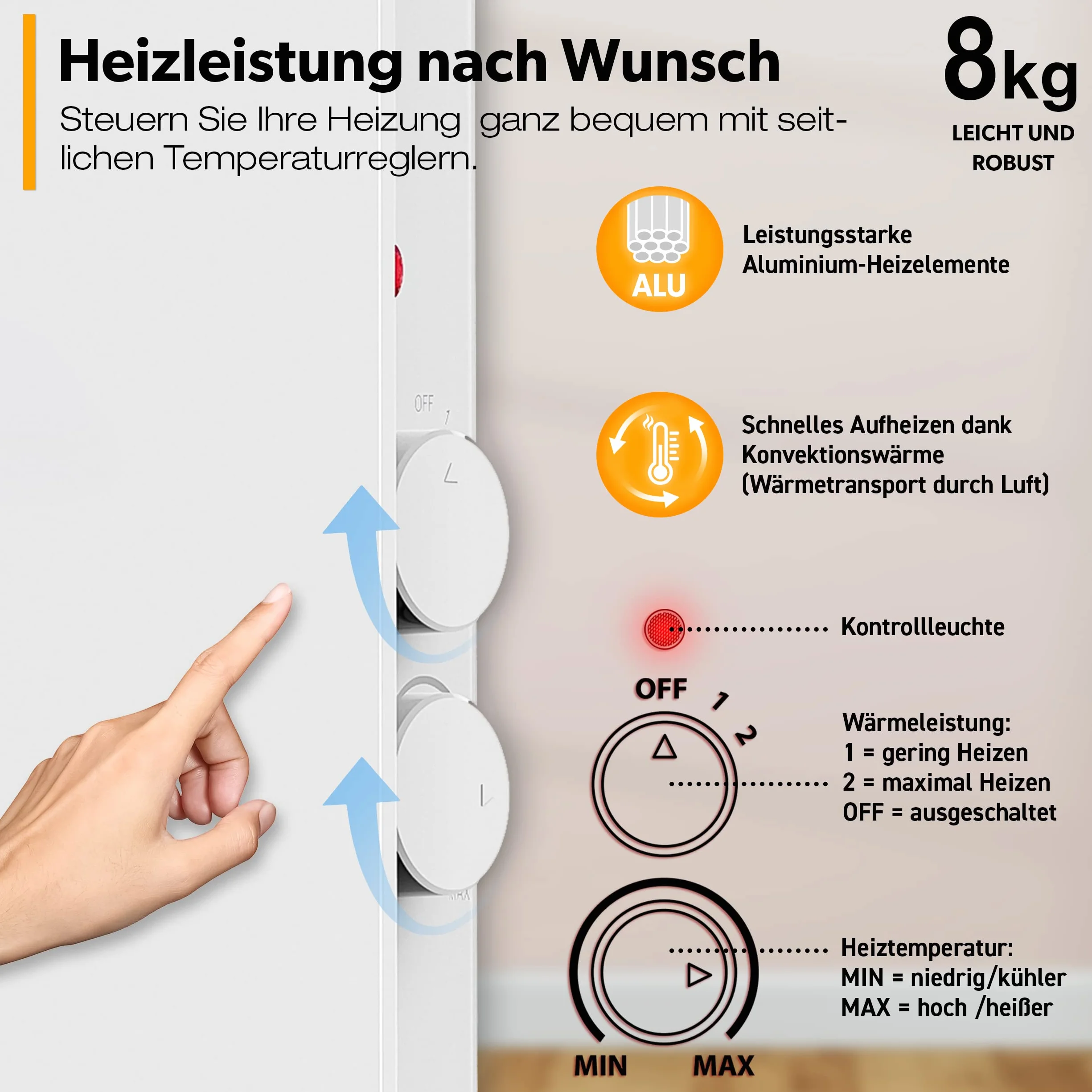 TRESKO® Szklany konwektor grzejnik elektryczny 2000 W jako ogrzewanie stojące lub ścienne | Grzejnik elektryczny ze szkła | grzejnik elektryczny konwektorowy | grzejnik elektryczny, energooszczędny, cichy